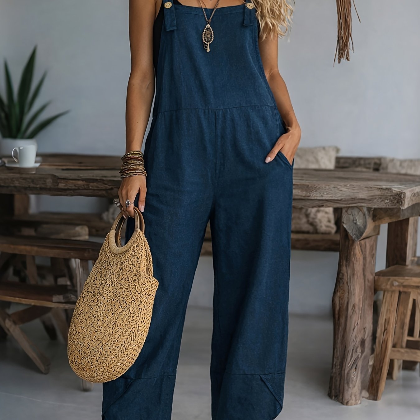 TEMU Women's Casual Fashion Solid Color Loose Wide-leg Overalls