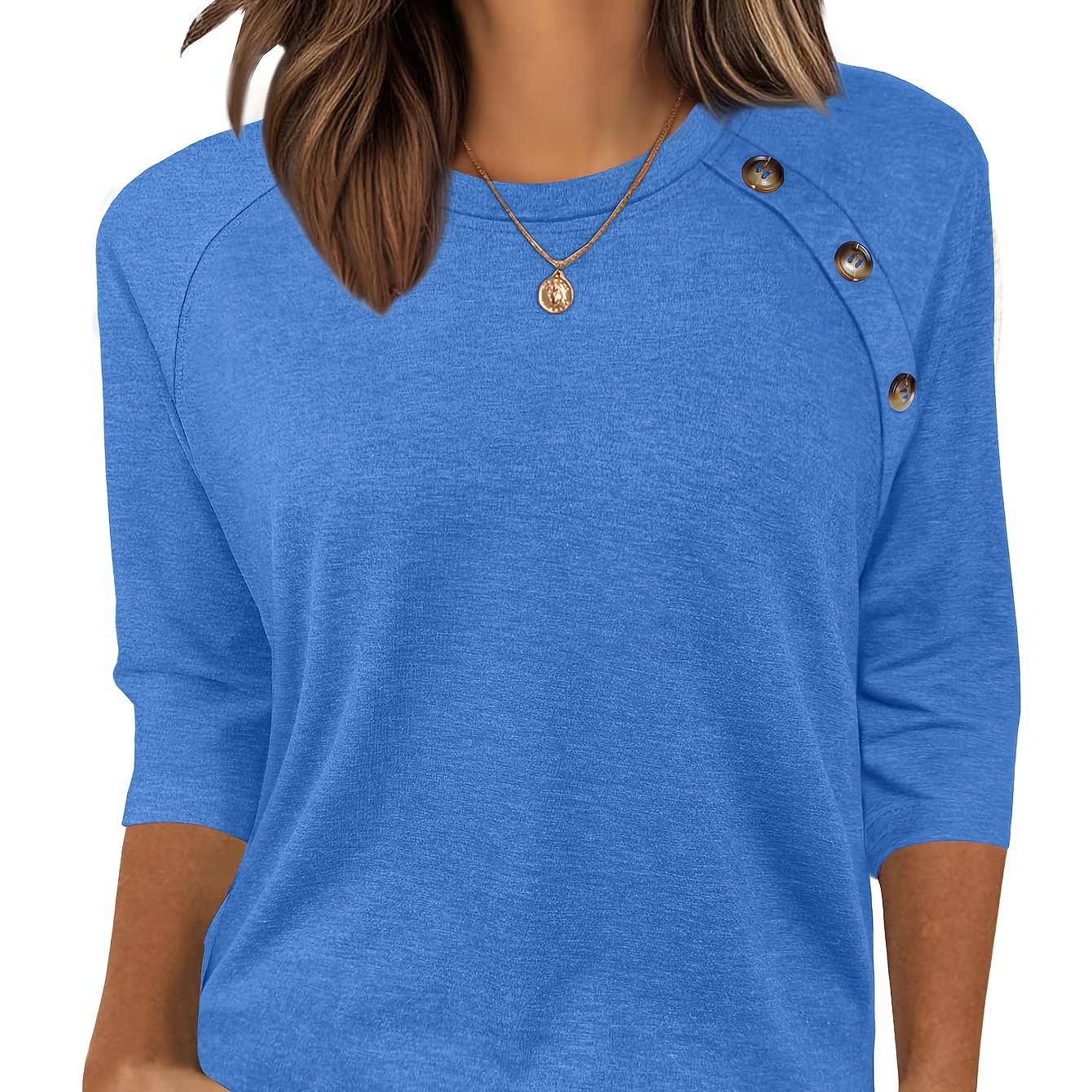 TEMU Women's Fashion Casual 3/4 Sleeve Top Comfortable Shirt Three-quarter Sleeve Button-up Neck Trendy T-shirt
