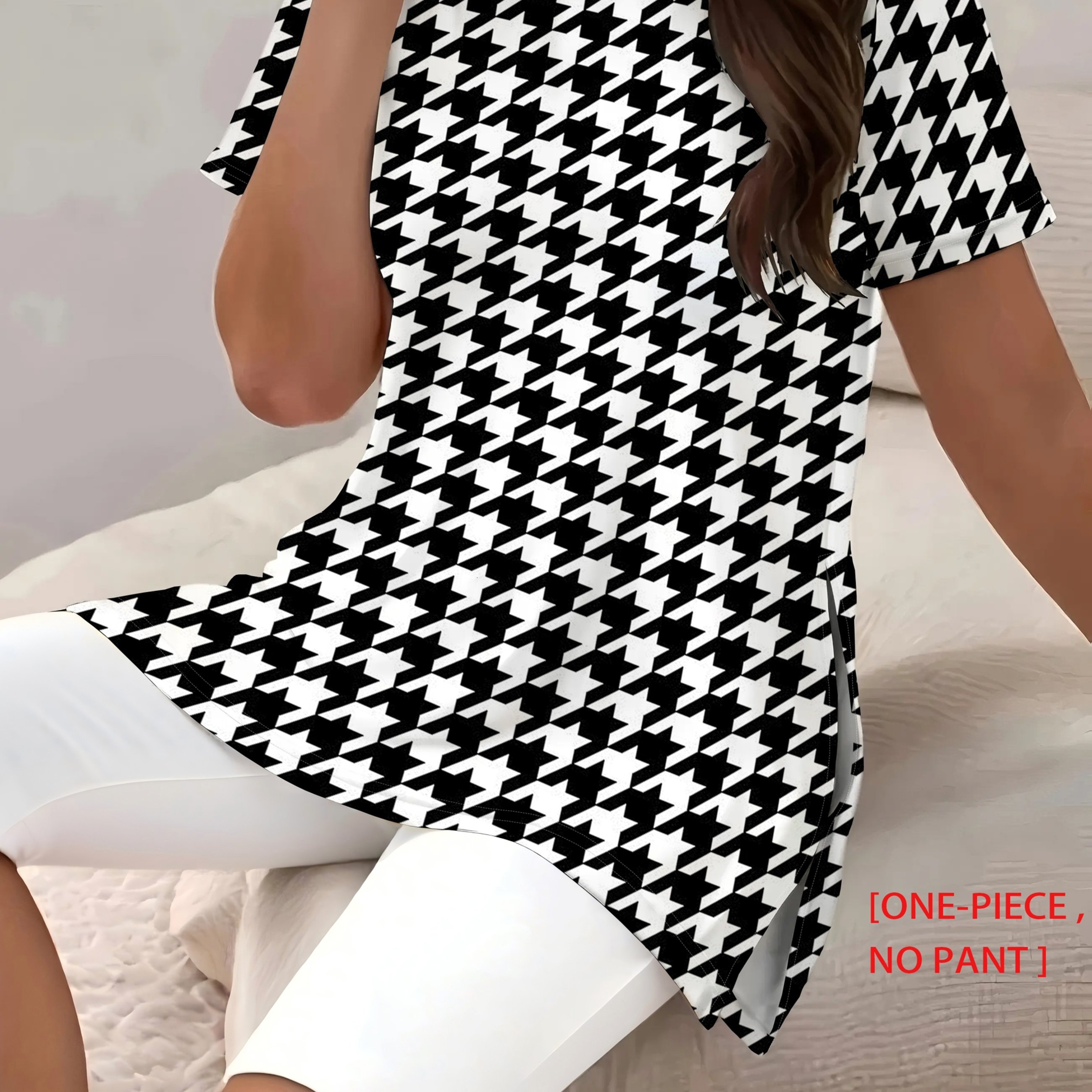 TEMU Print Long T-shirt - Classic Vintage Split Top | Plus Size Round Neck Slit Shirt, Non- Suitable For Commuting, Daily Wear & -casual Outfits,