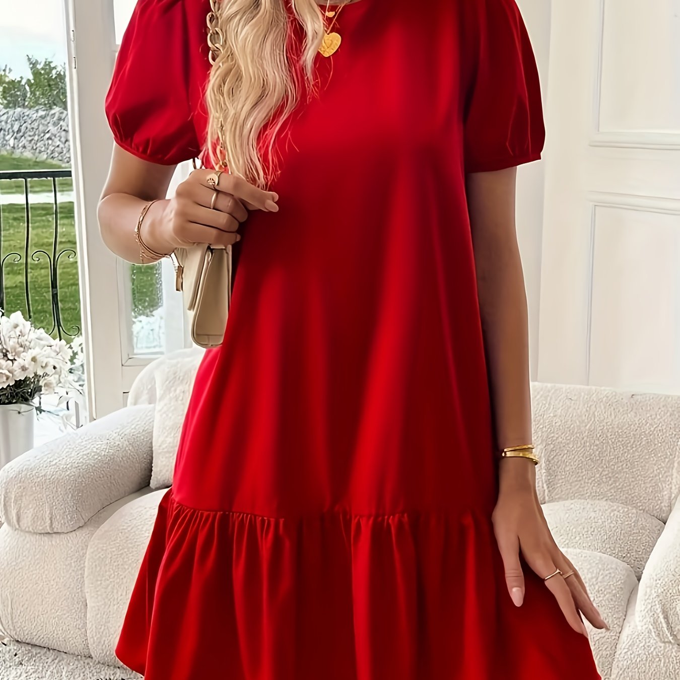 E-shop Einfarbiges Urlaubskleid mit Rüschenbesatz, elegantes, lockeres Kleid mit Puffärmeln, Frühling Sommer, Damen Hochzeit Abschlussfeier Verlobungs