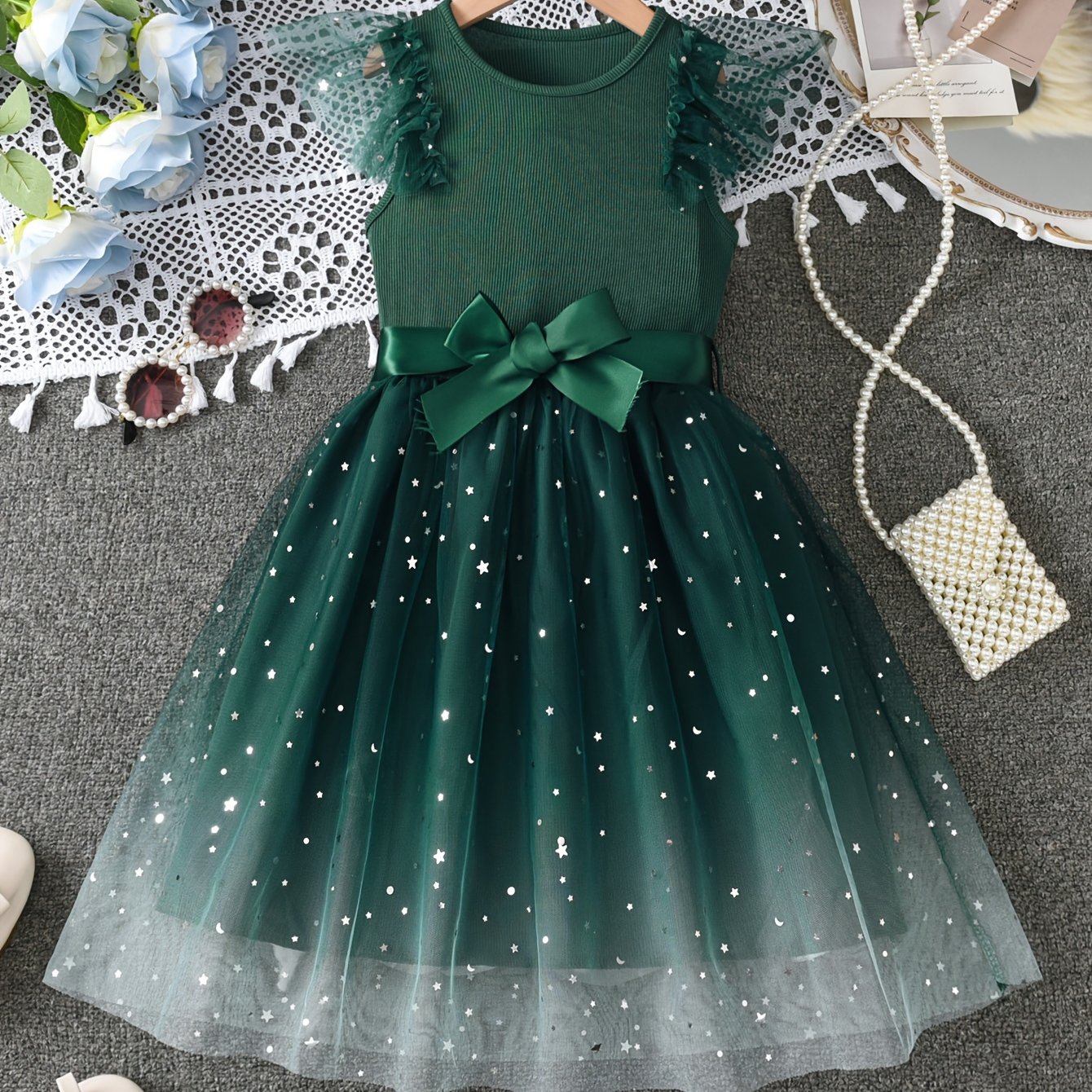 Little Girl's Ribbed Panel Star Sequin Mesh Princess Dress With Belt And Bow, Cute Casual Dress Suitable For Summer Daily Wear, Holiday Parties, And Vacations