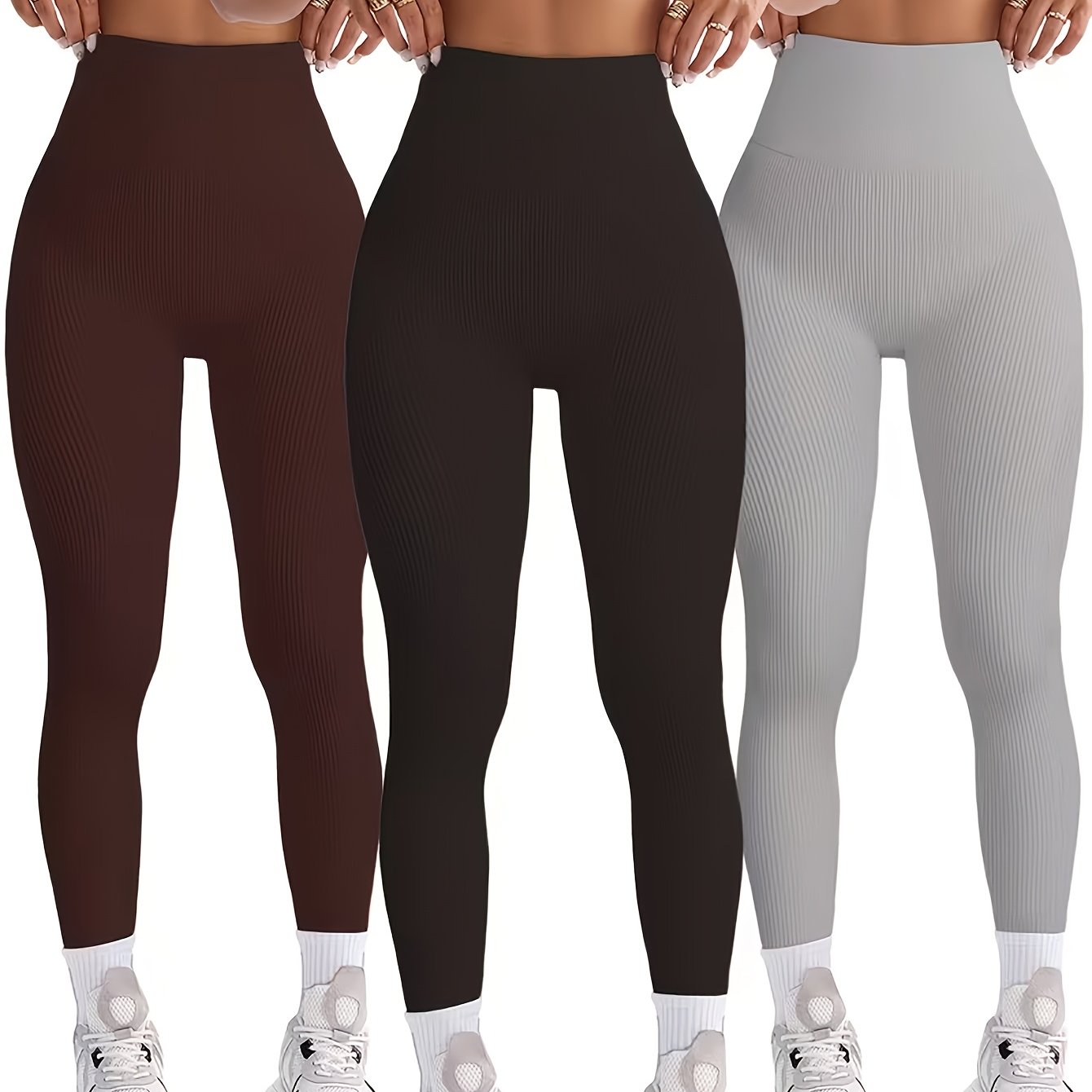 TEMU Three-pack Women's Ribbed Long Pants For Sports, Cycling, And Yoga