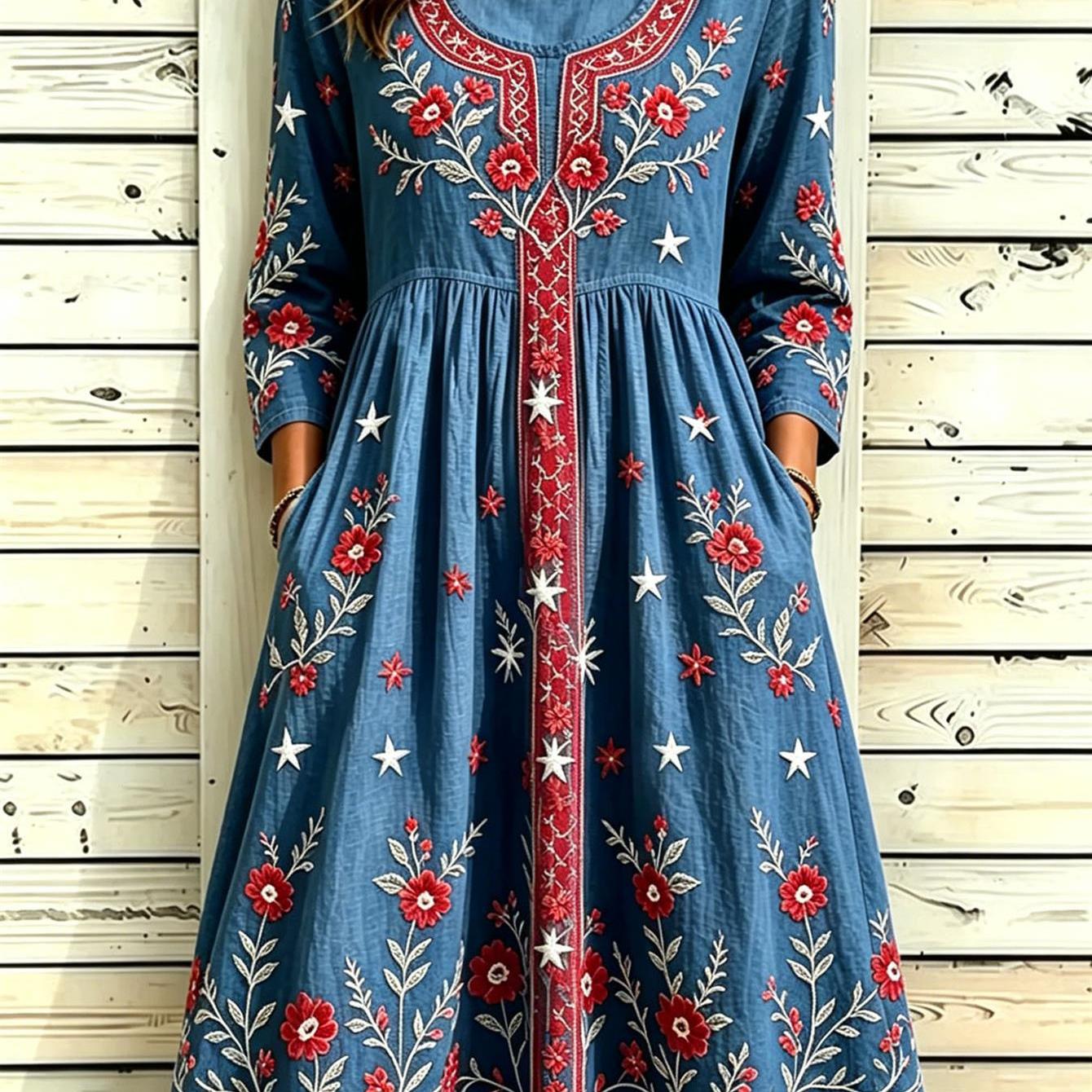 Plus Size - Women's Midi Dress With Navy Blue Ethnic Floral Print, Three-quarter Sleeves, Round Neck, And High-waist A-line Silhouette With Pockets