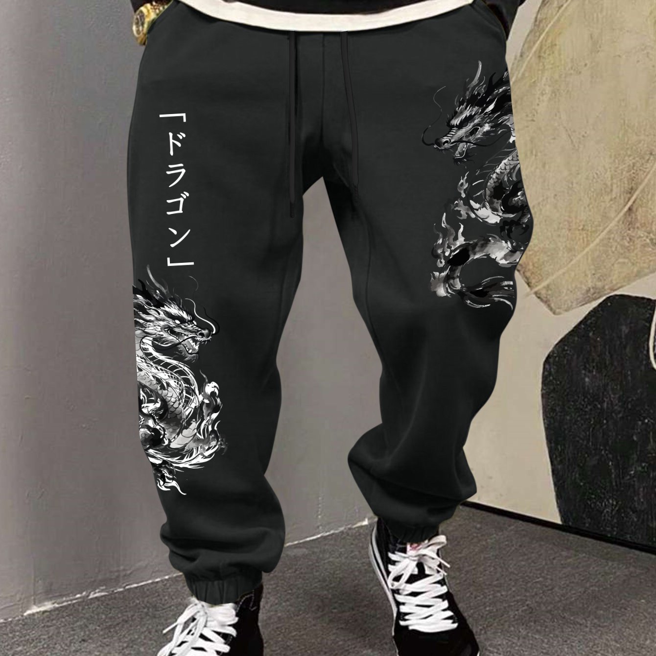 TEMU Plus-size Sweatpants, Street-style Men's Sweatpants, "dark Style Dragon Pattern" Print, Drawstring Design, Regular Fit, Versatile Casual Pants