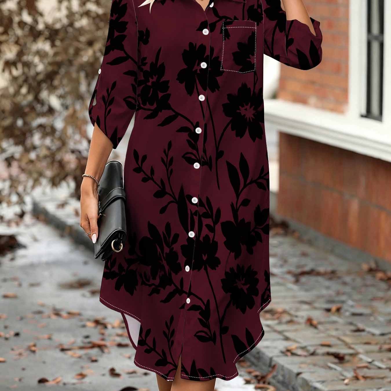Image of Plus Size Women's Dark Floral Print Shirt Dress, Button- Collar, Aline Mid-length With 3/4 Sleeves, Button- Collar And , Elegant Vintage Style Shirt Dress With Chest