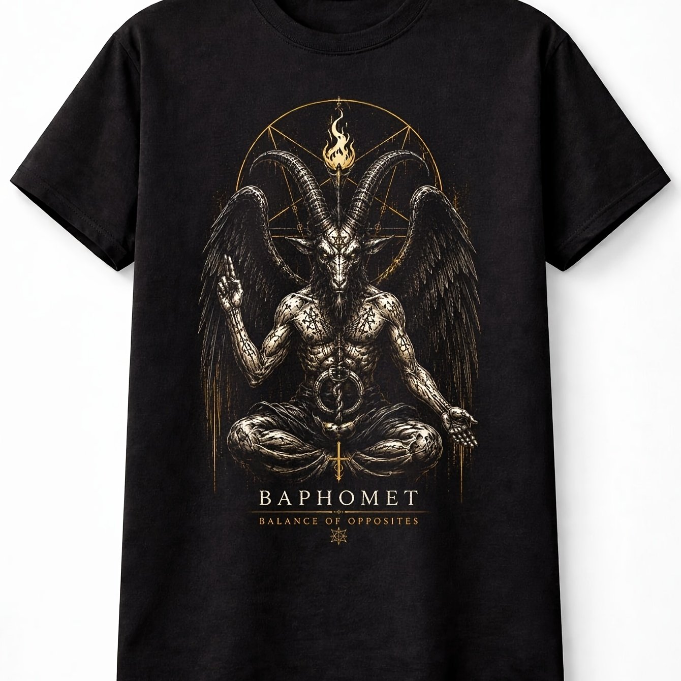 TEMU Men's Baphomet Gothic T-shirt - 100% Cotton Soft Breathable Short Sleeve Tee With Baphomet & Pentagram Print, Symbol For Gothic Horror Style,