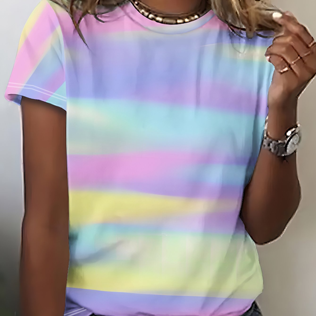 TEMU Women's Summer Short-sleeve T-shirt - Ombre Gradient Watercolor Blending Print Round Neck Blouse-compatible Top | Machine Washable Polyester