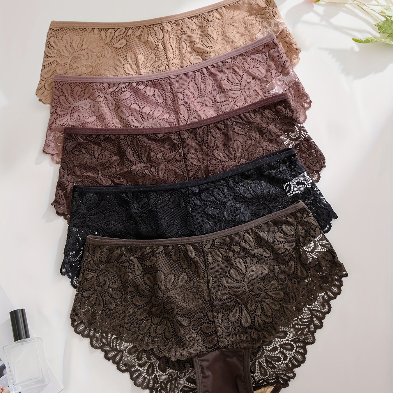 5pcs Women's Plus Size Lace Hollow-out Briefs