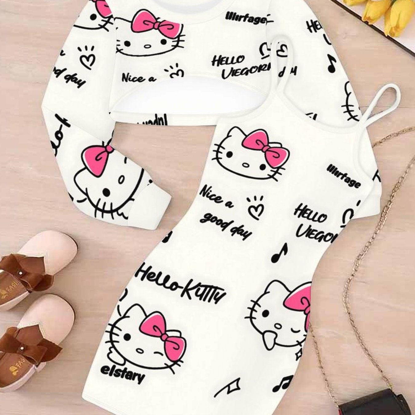 Image of Girls' Clothing Set Casual Versatile Girl And Kuromi Pattern Print Cinnamoroll Long Sleeve Curved Top With Suspender Bodycon Skirt 2pcs Set