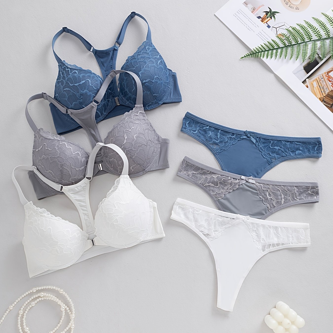 TEMU 6pcs 3 Sets Solid Color Floral Lace Racerback Bra Set, Push-up Bra Front Closure Y-back Lace Bra And Lace Trim G-string Panties Daily Lingerie