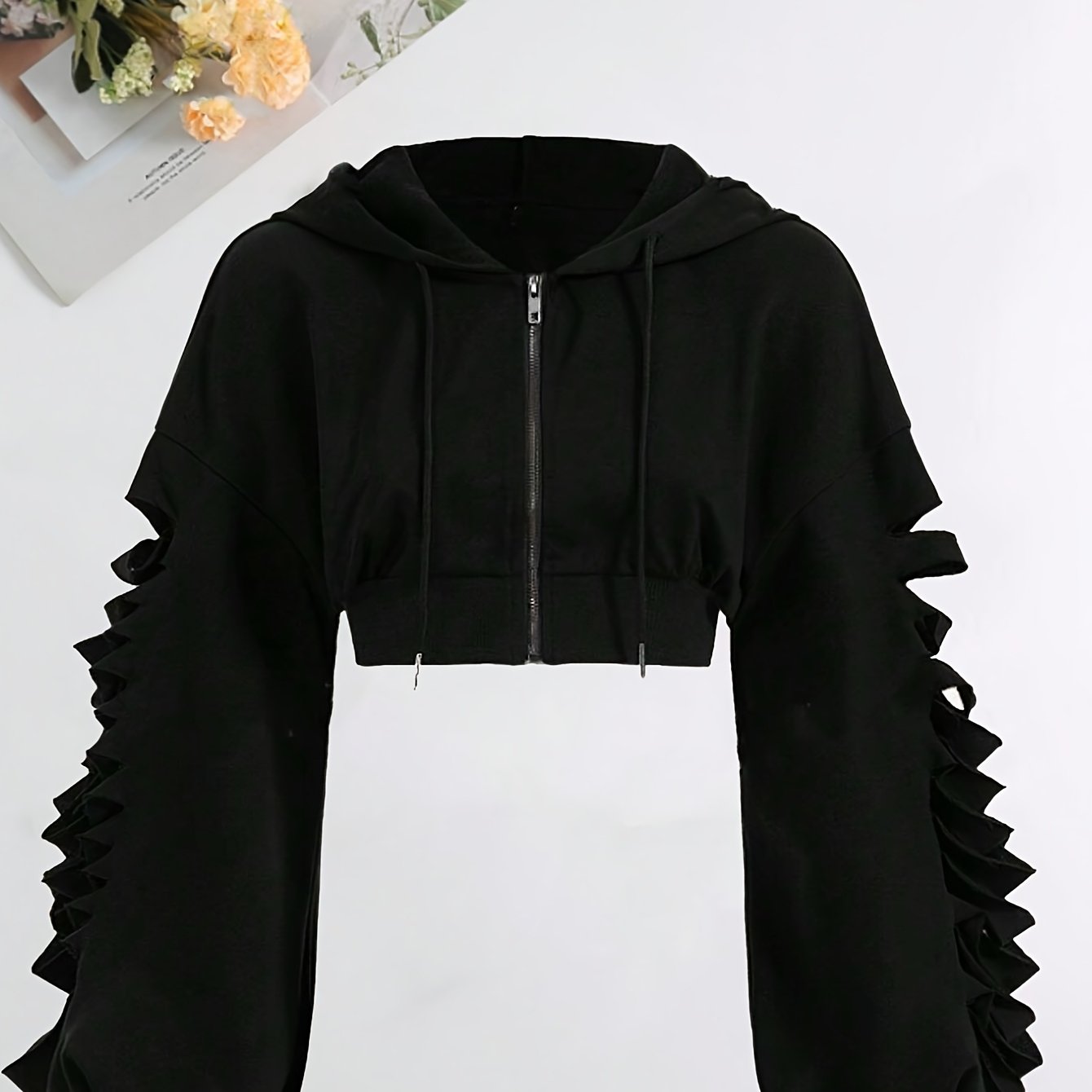 E-shop Frische Herbst Damen Kapuzenjacke mit Reißverschluss Kurze Freizeit Jacke Cardigan Locker All-Match Einfarbig Kapuzenpullover Mode Jacke Hollow