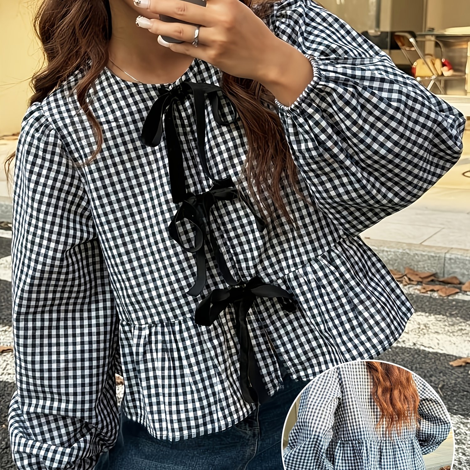 TEMU レディース 白黒チェック柄シャツ ネクタイ付き スフィット 長袖 春夏秋用