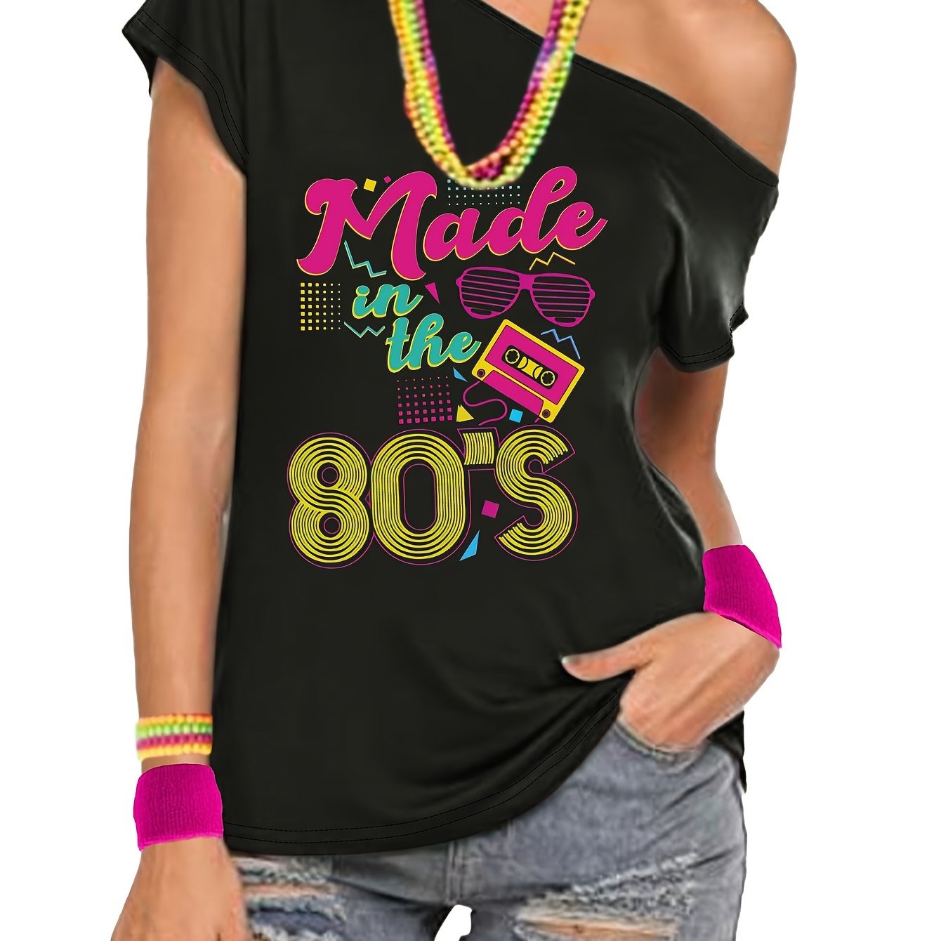 Image of Western Sexy Slim-fit Vintage Party Made In The 80s Radio Glasses Print Off-shoulder Women's T-shirt