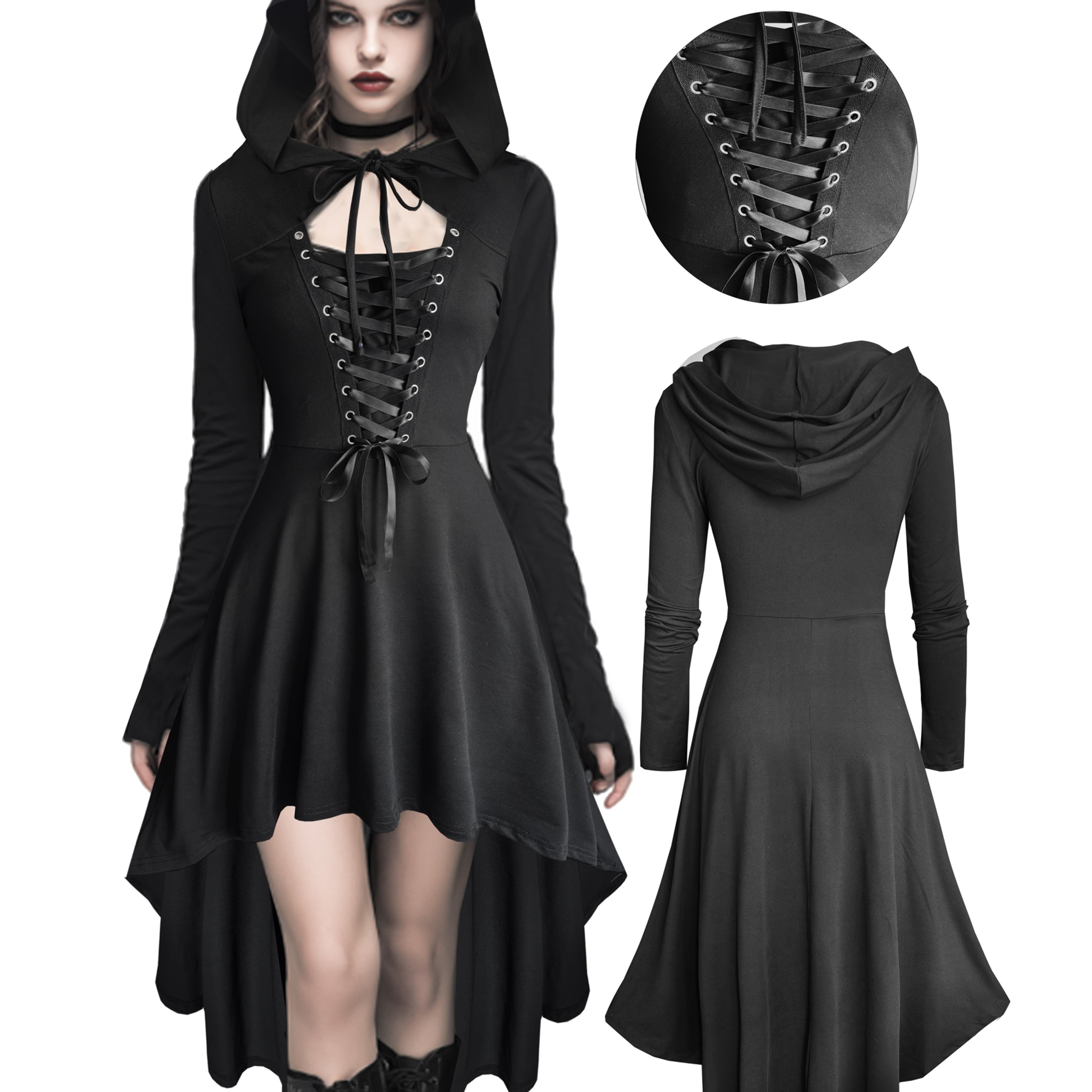 E-shop Gothic Streetwear Kleid mit Kapuze für Damen - A-Linien Party- & Alltagsoutfit mit langen Ärmeln, Metallösen und ausgestelltem Saum für