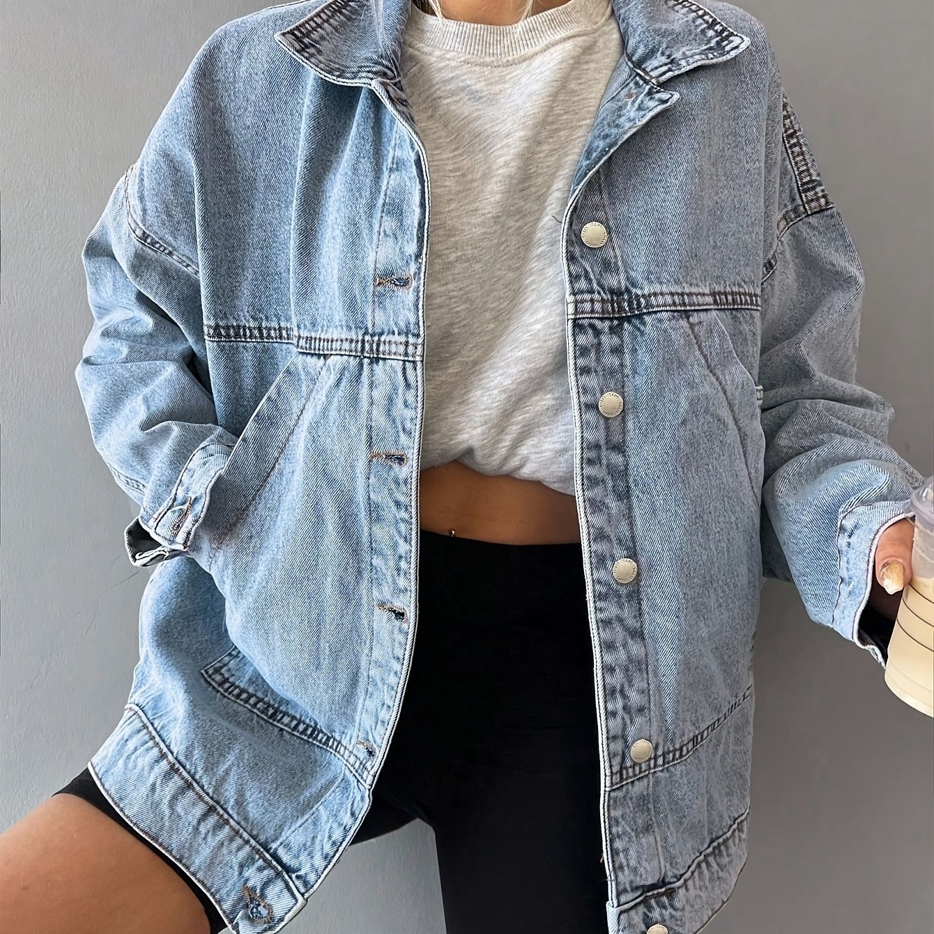 TEMU Women's Washed Light Blue Jacket | Casual Long Sleeve With Large Pockets, Lapel Collar, Suitable For Spring, Autumn, And Winter