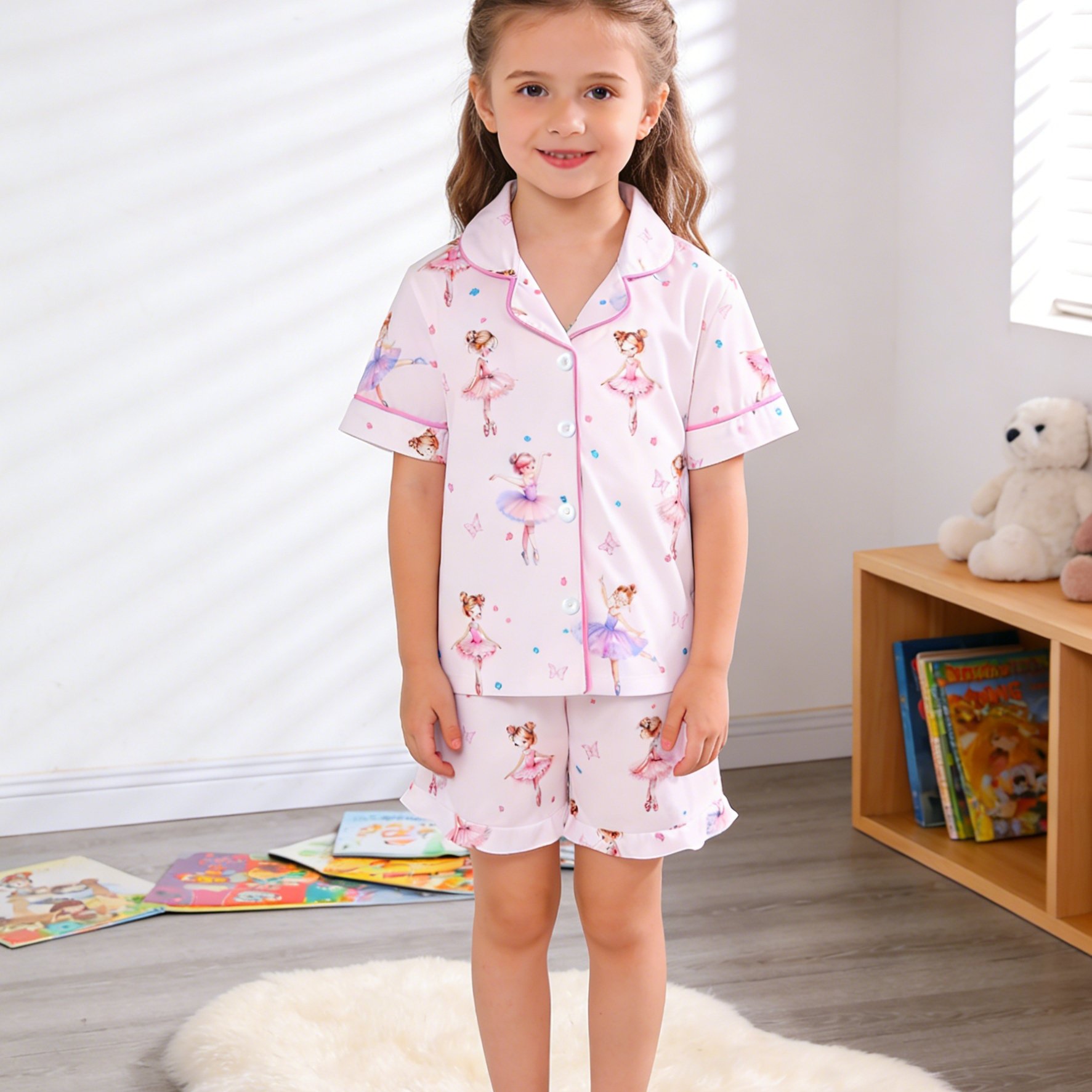 Image of 2pcs Cute Ballet Girl Pattern Pajama Set | Flame Retardant, Short-sleeve Lapel Top And Loose Elastic Shorts, Comfortable Homewear