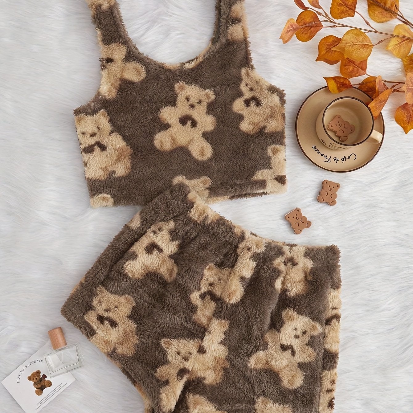 TEMU Autumn Winter Thickened Women's Plush Cute Casual Pajama Set
