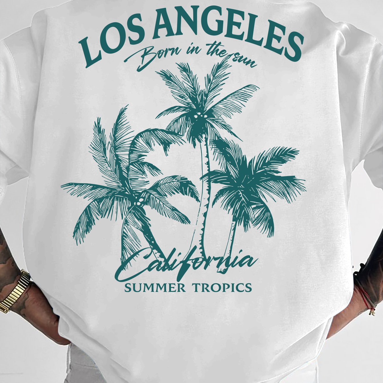 TEMU European And American Men's 3 Palm Trees Pattern Print Short Sleeve Crew Neck T-shirt