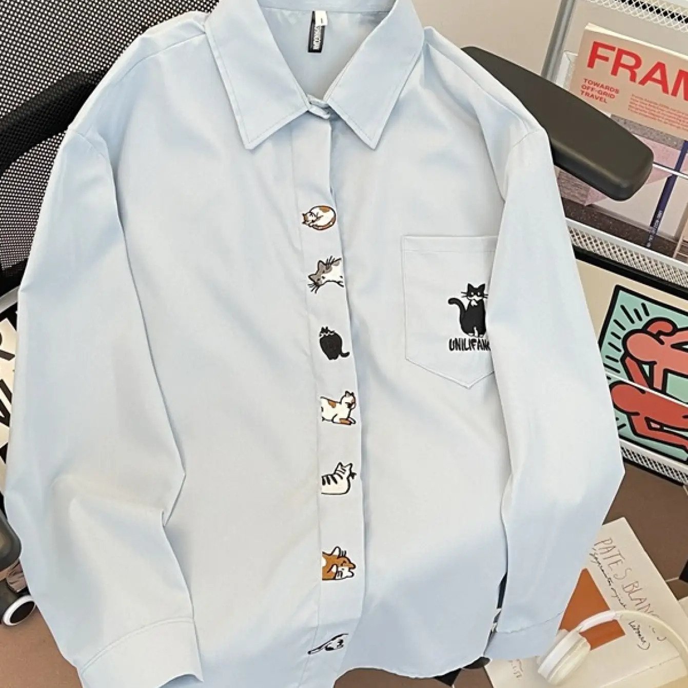 TEMU 和風ファンキャット刺繍長袖シャツ ス カレッジスタイル カラー 万能ルーズシャツ