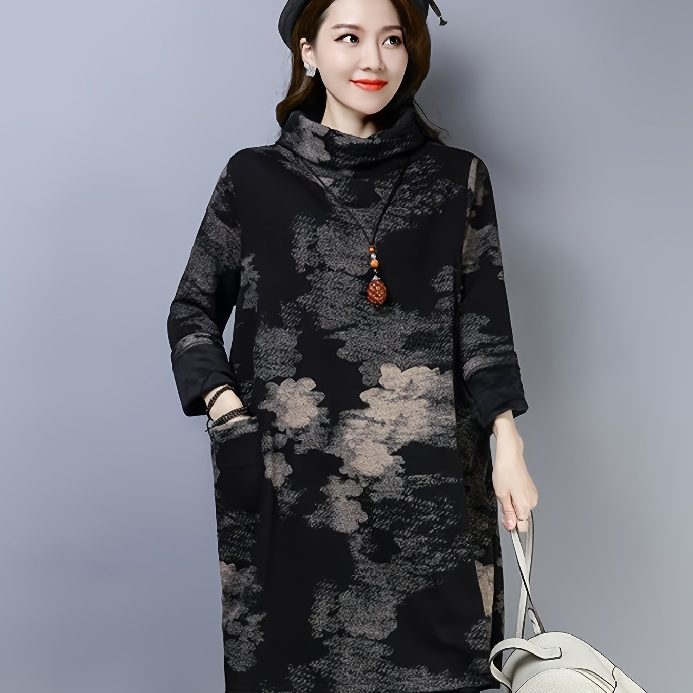 TEMU 【新作】韓国風 ゆったり プラスサイズ ドレス 秋冬 ミディ丈 トップス 肉感アップ 女性用 アウター