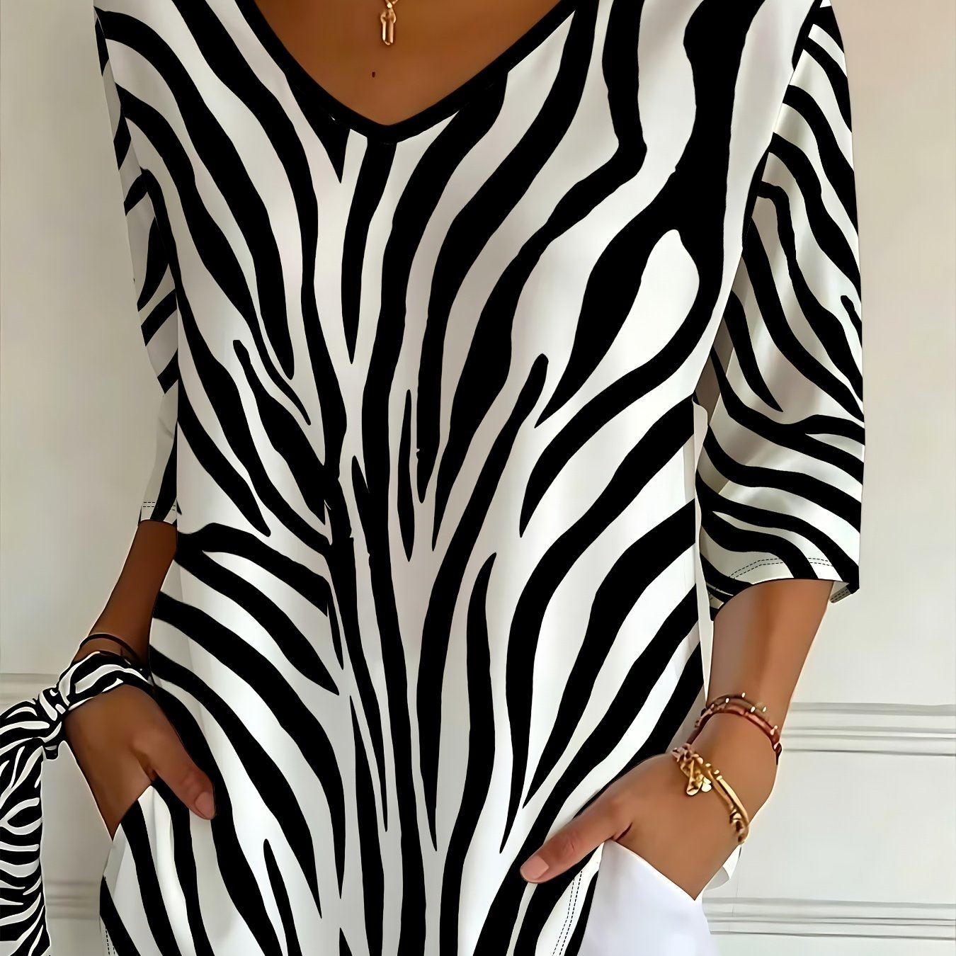 TEMU Zebra Print V-neck Mid-sleeve Loose , Women's Fashion Printed Pullover, Loose Fit And Figure-flattering Versatile Style