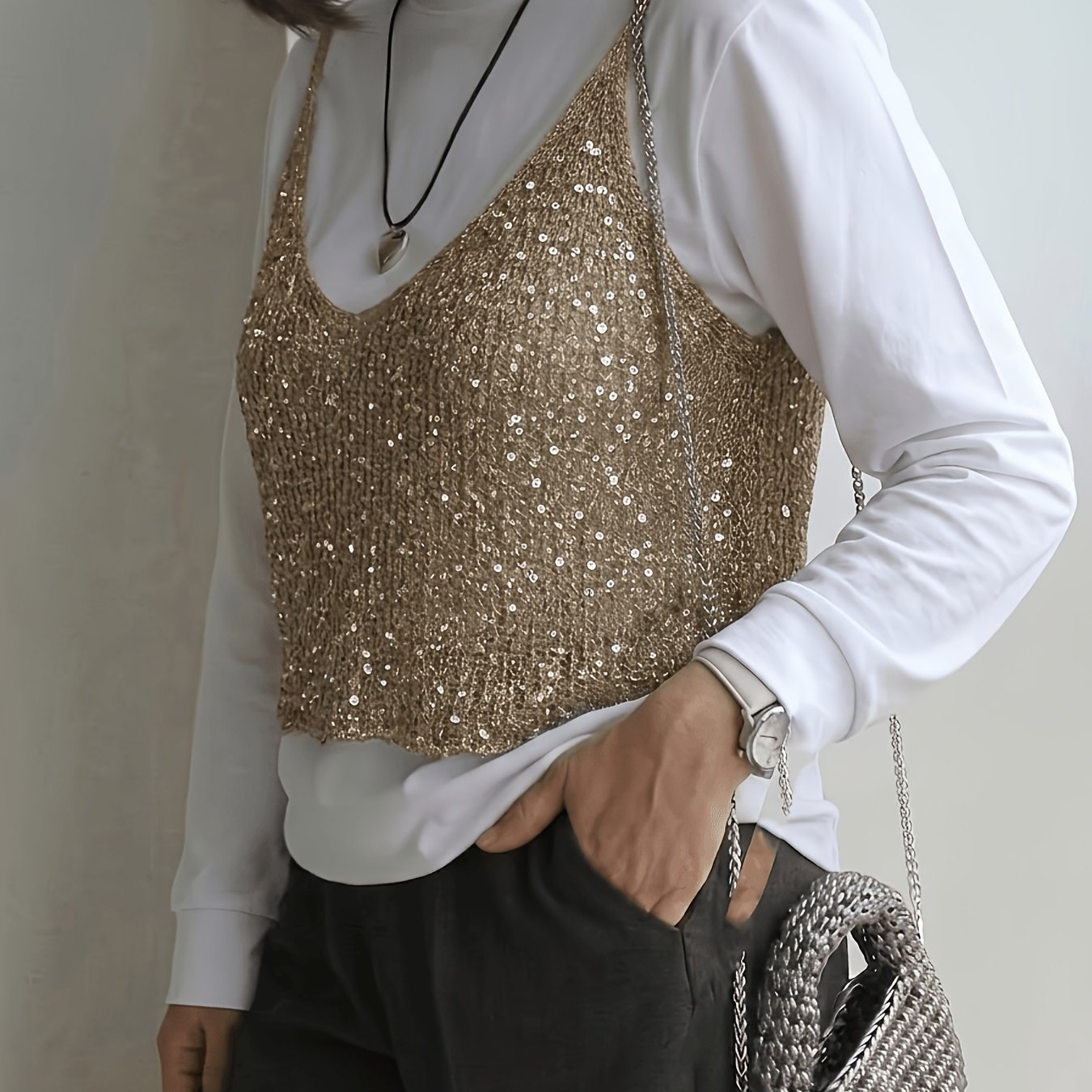 TEMU Sequined Hollow-out Camisole, V-neck Beach Cover-up, A Must-have For Vibe, Perfect For Vacation, Hot Everyday Layering Outerwear, Vacation