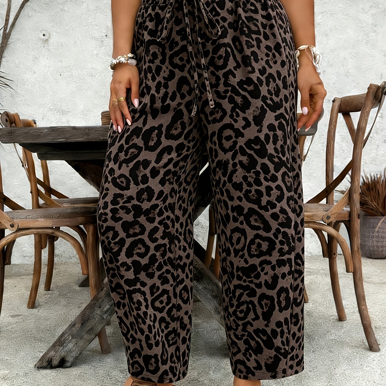 TEMU Women's Striped And Leopard Trousers, Drawstring Waist Cone-leg Pants