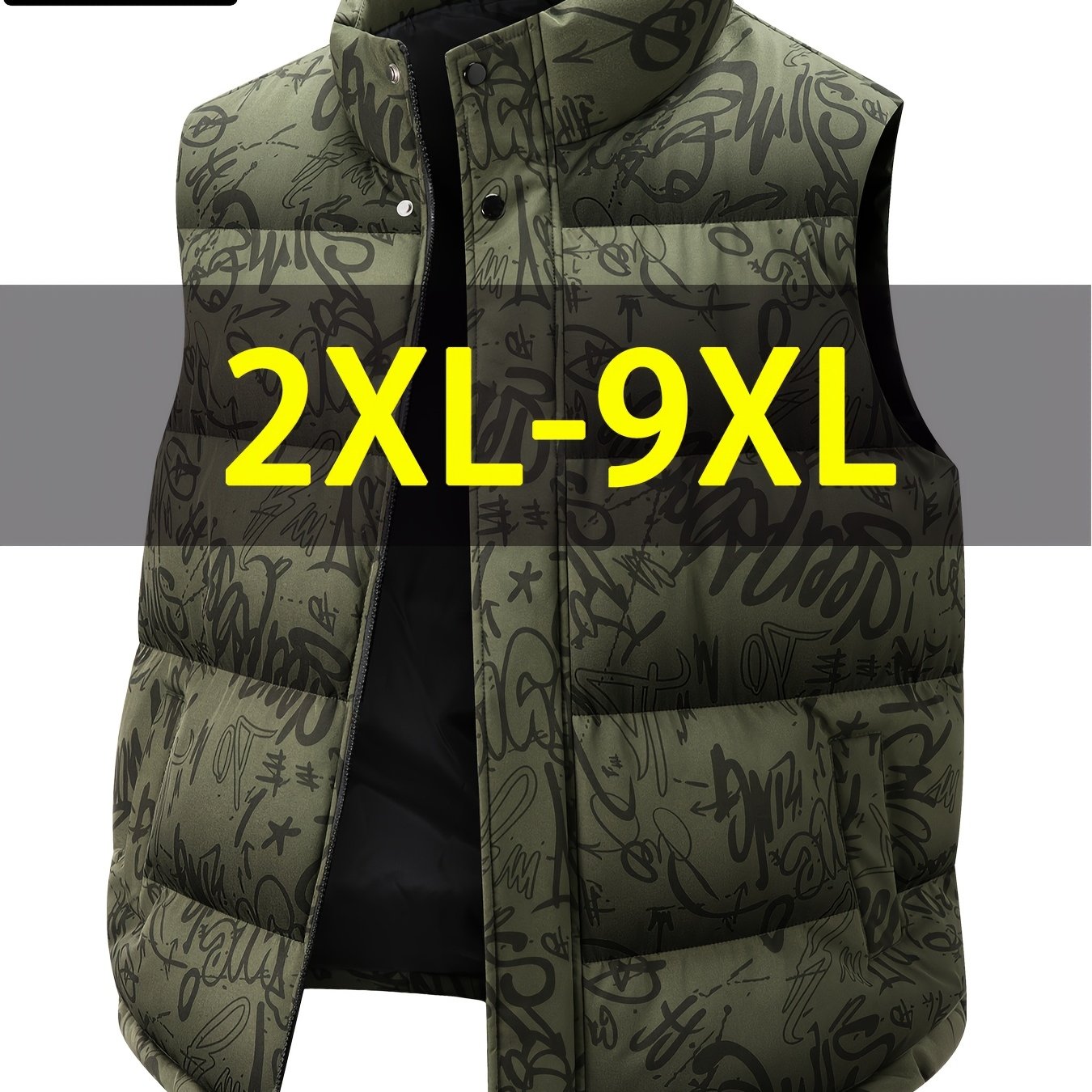 TEMU Men's Plus Size Thick Vest, Autumn Winter Warm And Comfortable, 2xl-9xl , Street Letter Graffiti Style Trendy Fashion, All-match Casual Collar