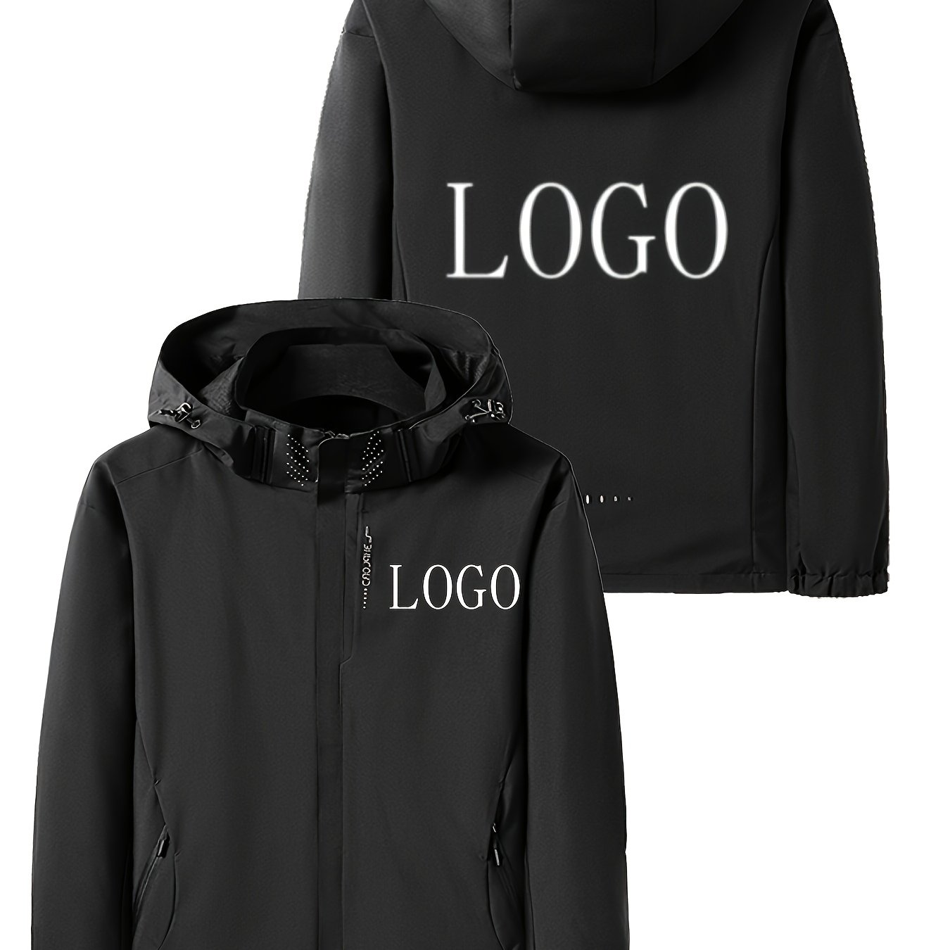 Image of Men's Custom Logo Hooded Jacket - Casual Fall Winter Motorcycle And Outdoor Sports Jacket, Zip Pockets, Fiber, Long Sleeve, Regular Fit, Casual Athletic Jacket | Hooded Jacket | Zip-up Jacket