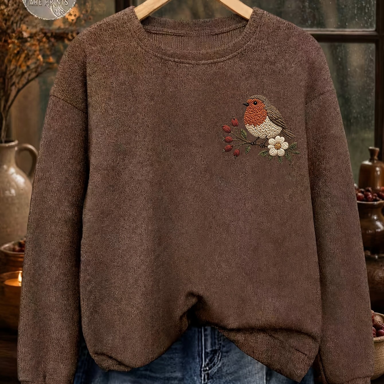 TEMU Women's Vintage Autumn/winter Round Neck Sweater, Robin And Berry Print Long Sleeve Pullover Top, Loose And Lazy Autumn Outfit