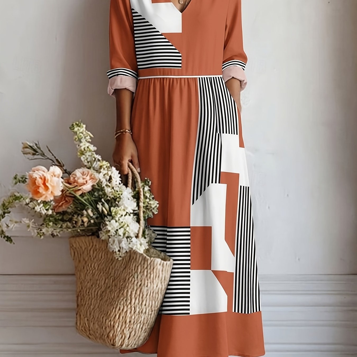Image of Plus Size - Spliced Black And White Stripe Geometric Square Print Plus Size Women's V-neck Three-quarter Sleeve Literary Vacation Long Dress