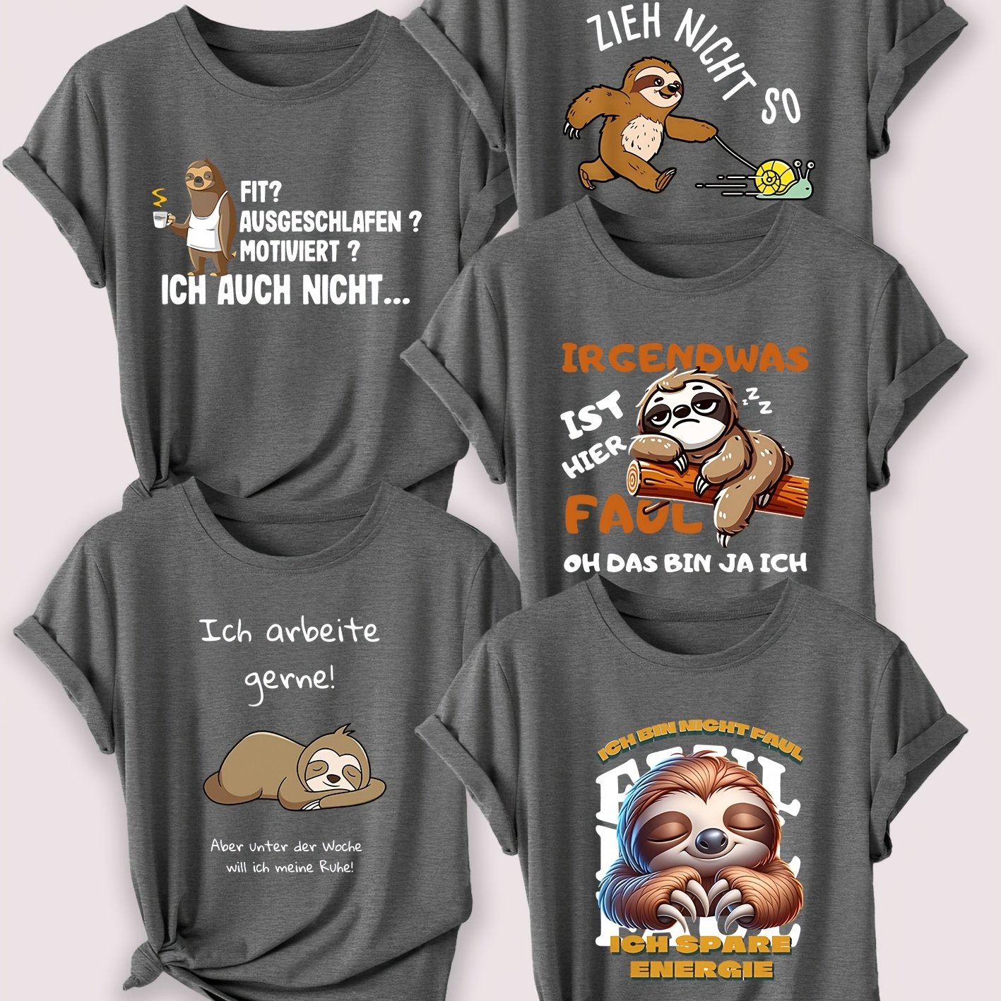 TEMU 5pcs Holiday Apparel Set: Fun Women's Cute Short-sleeve T-shirt With "sloth Dragging A Snail Holding A Branch" Series Print, Soft Stretchy Crew