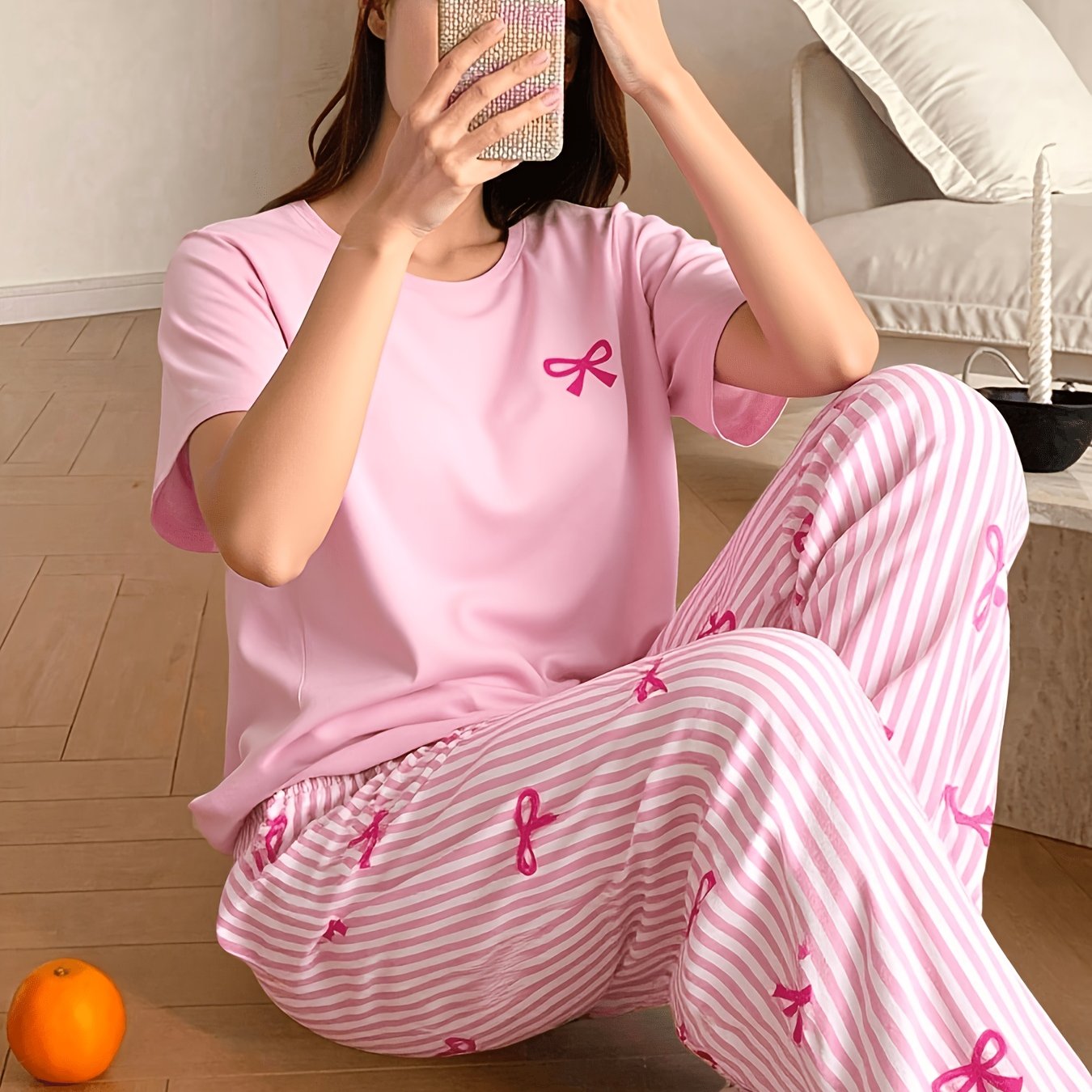TEMU Women's Sweet, Cute, Elegant And Fashionable Bow Round Neck Short Sleeve Top With Pink Striped Bowknot Casual Comfortable Pants 2pcs Pajama Set