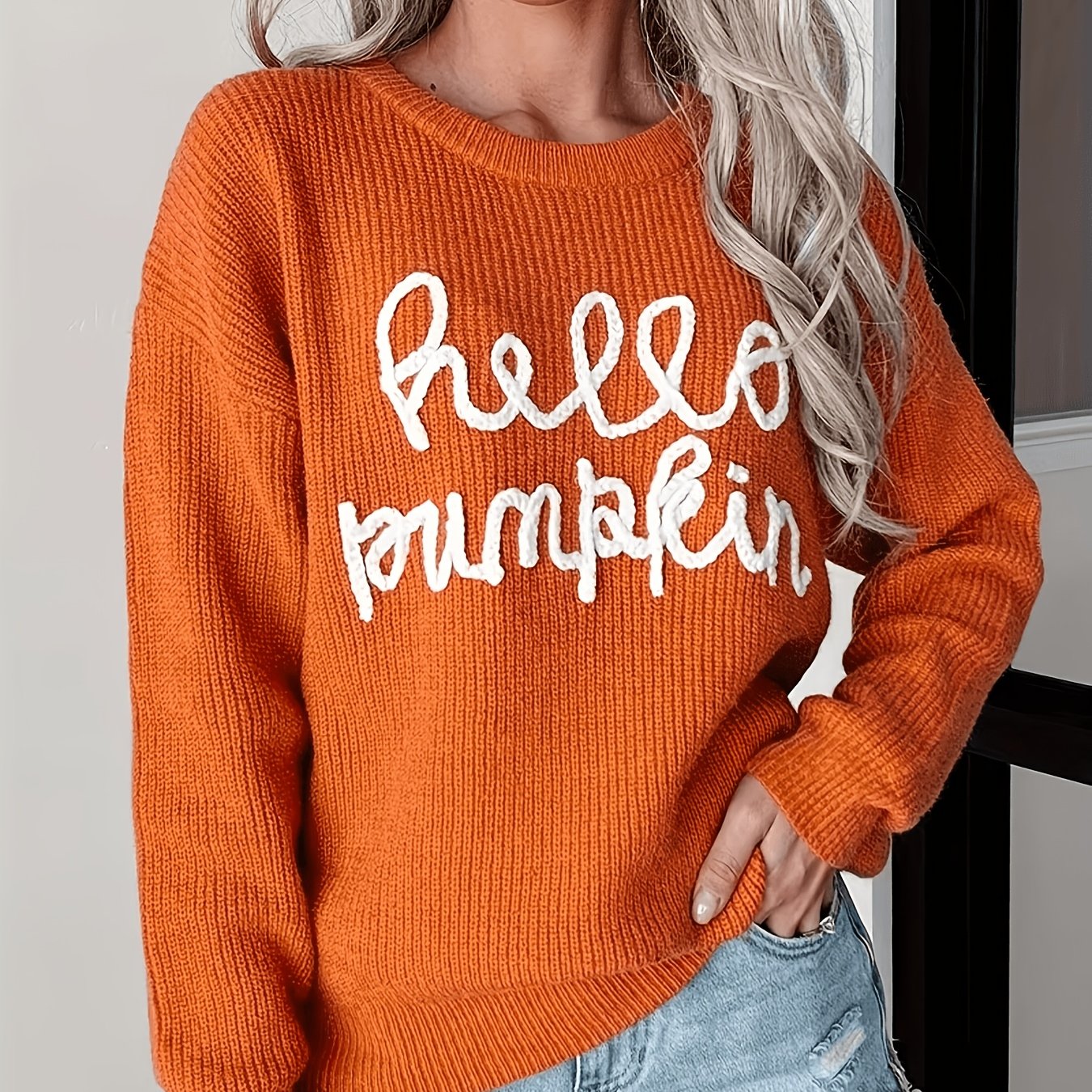 TEMU Women's 2026 "hello Pumpkin" Sweater - Fall Winter Warm Crewneck Sweater Suitable For Autumn, Thanksgiving & Halloween, Cozy Lettered Pullover