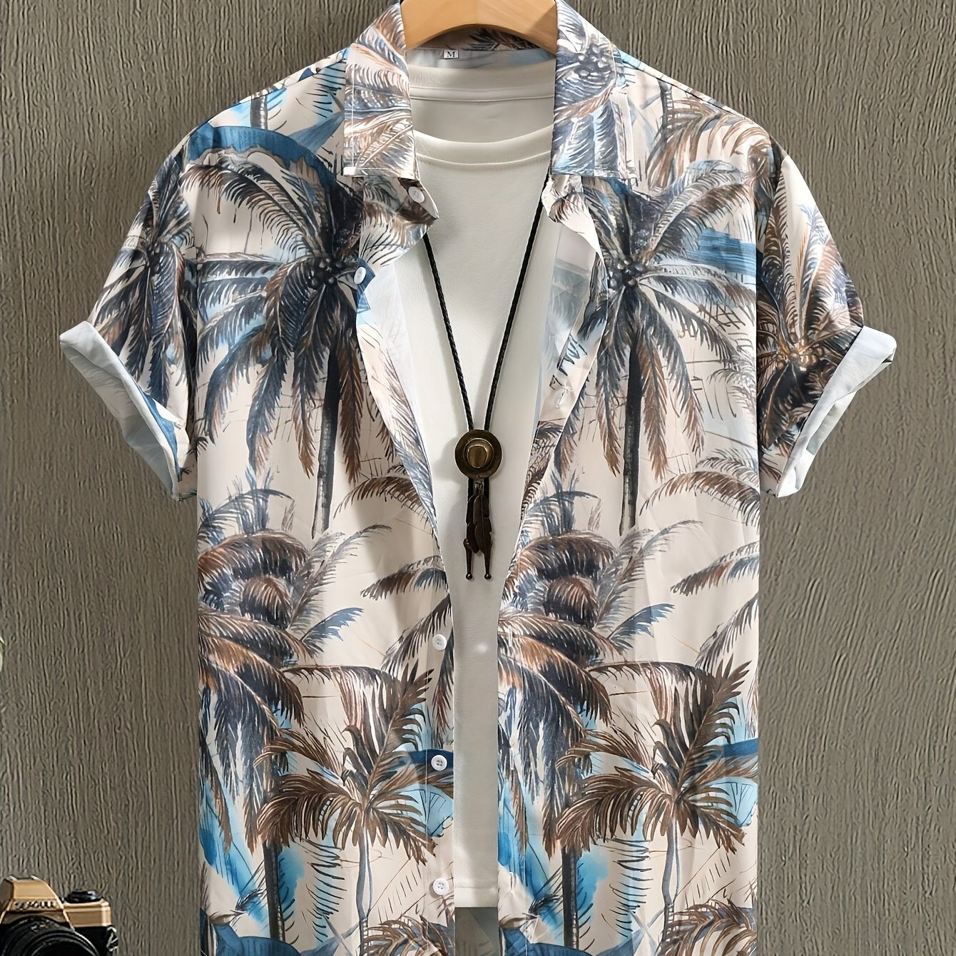 TEMU Men's Summer Fashion Simple Short-sleeve Button- Casual Lapel Shirt With Coconut Tree Print, Stylish And Versatile, Suitable For Dates And Beach