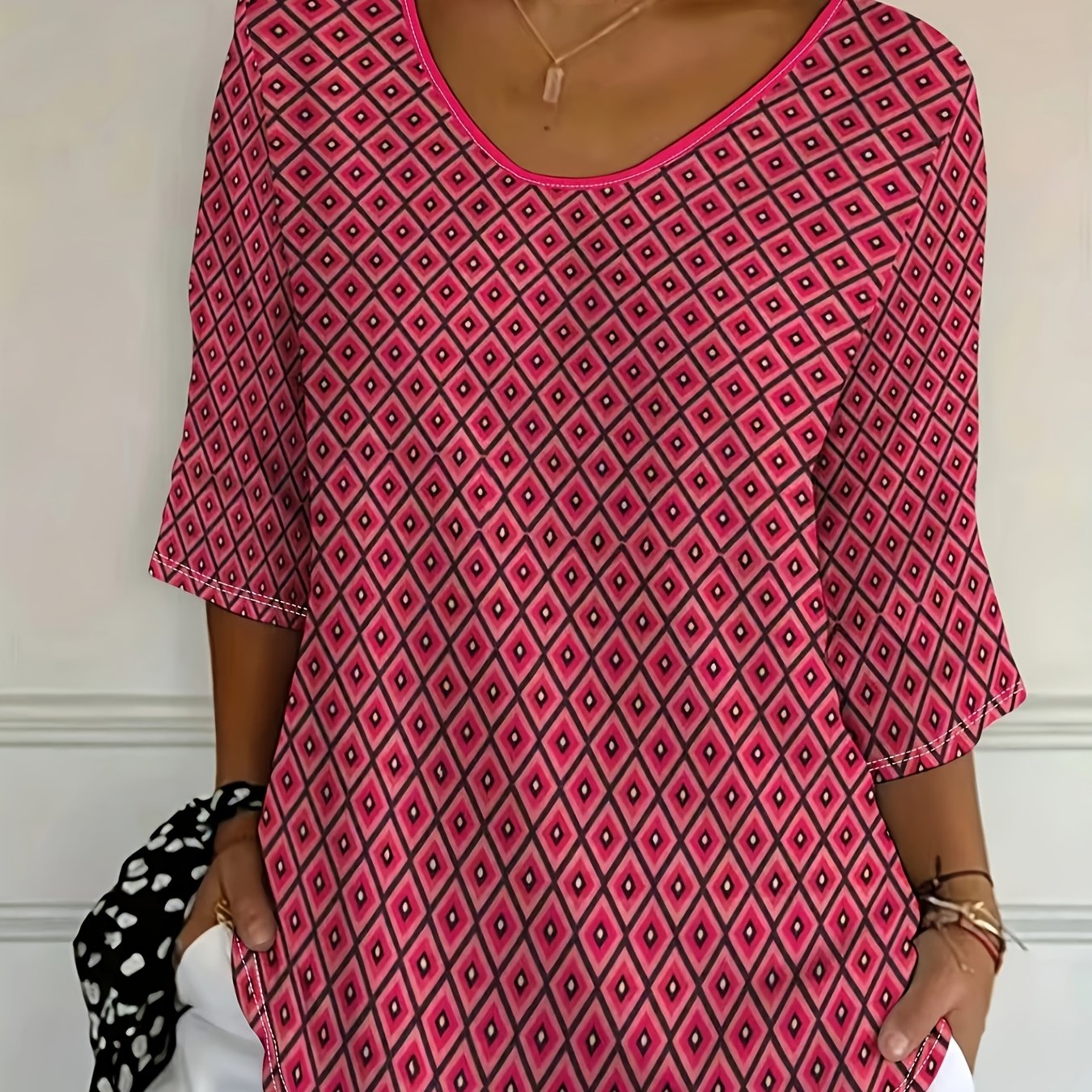 TEMU Plus Size, [printe Esign-not Texture] Women'-quarter Sleeve T-shirt, Fashionable And Elegant Print Design, Breathable, Casual , Suitable For