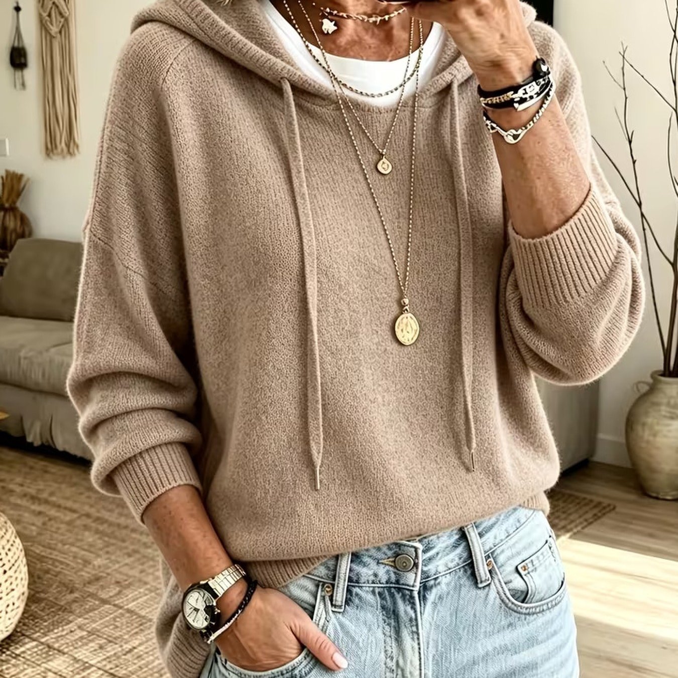 Image of New Style Hooded Drawstring Pullover Sweater