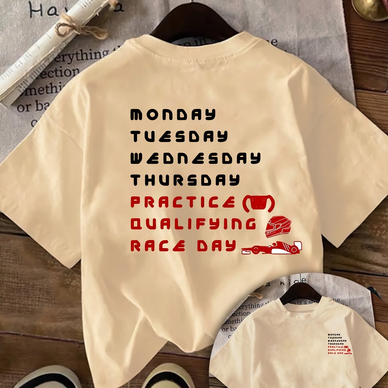 TEMU Damens Casual Kurzarm Rundhals T-Shirt - Monday to Race Day Wochenfortschritt Grafikdruck, Hellbeige mit Rotakzenten, Atmungsaktives Sommer-Tee