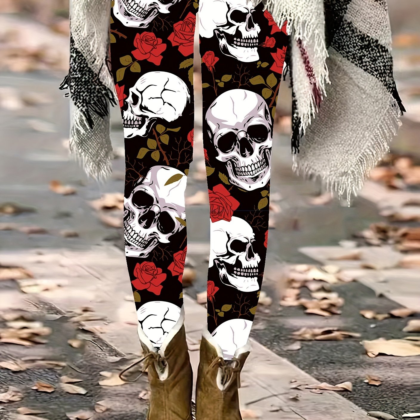 TEMU Plus Size - Plus Size - Plus Size Contrast Halloween Print Leggings, Casual Daily High-waist Stretch Pants, Women's Plus Size Clothing