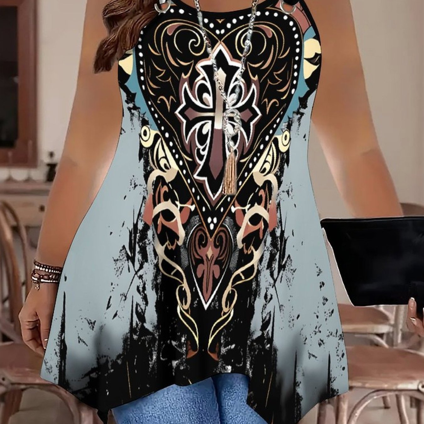 Plus Size, Elegant Women's Plus-size Double-ring Irregular Hem Vest, Plus-size Tank Top, Digital Floral Geometric Print Vacation Clothing