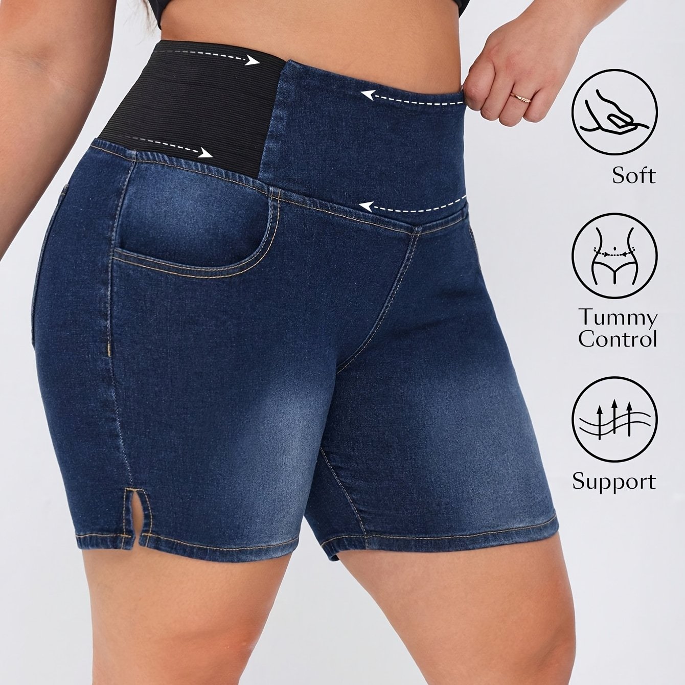Plus Size Women's Casual Mid-rise Elastic Waist High Stretch Washed Denim Short