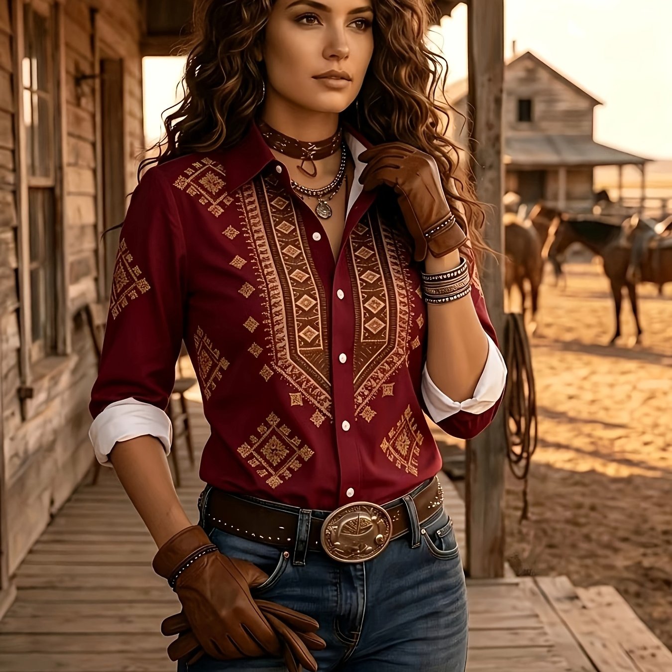 TEMU Printed Design - Not Textured Women's Western Cowboy Style Geometric Print Shirt, Vintage Color-block Lapel Casual Long-sleeve Top, Women's