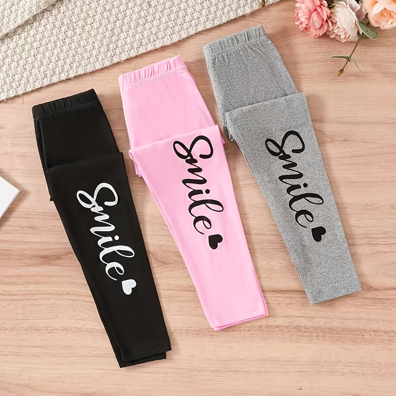 TEMU Girl's 3pcs Basic Printed Long Pants Set, Spandex, , Stretch Knit Fabric, Children's Leggings, Perfect For Spring And Autumn - Comfortable And Versatile For Daily Wear
