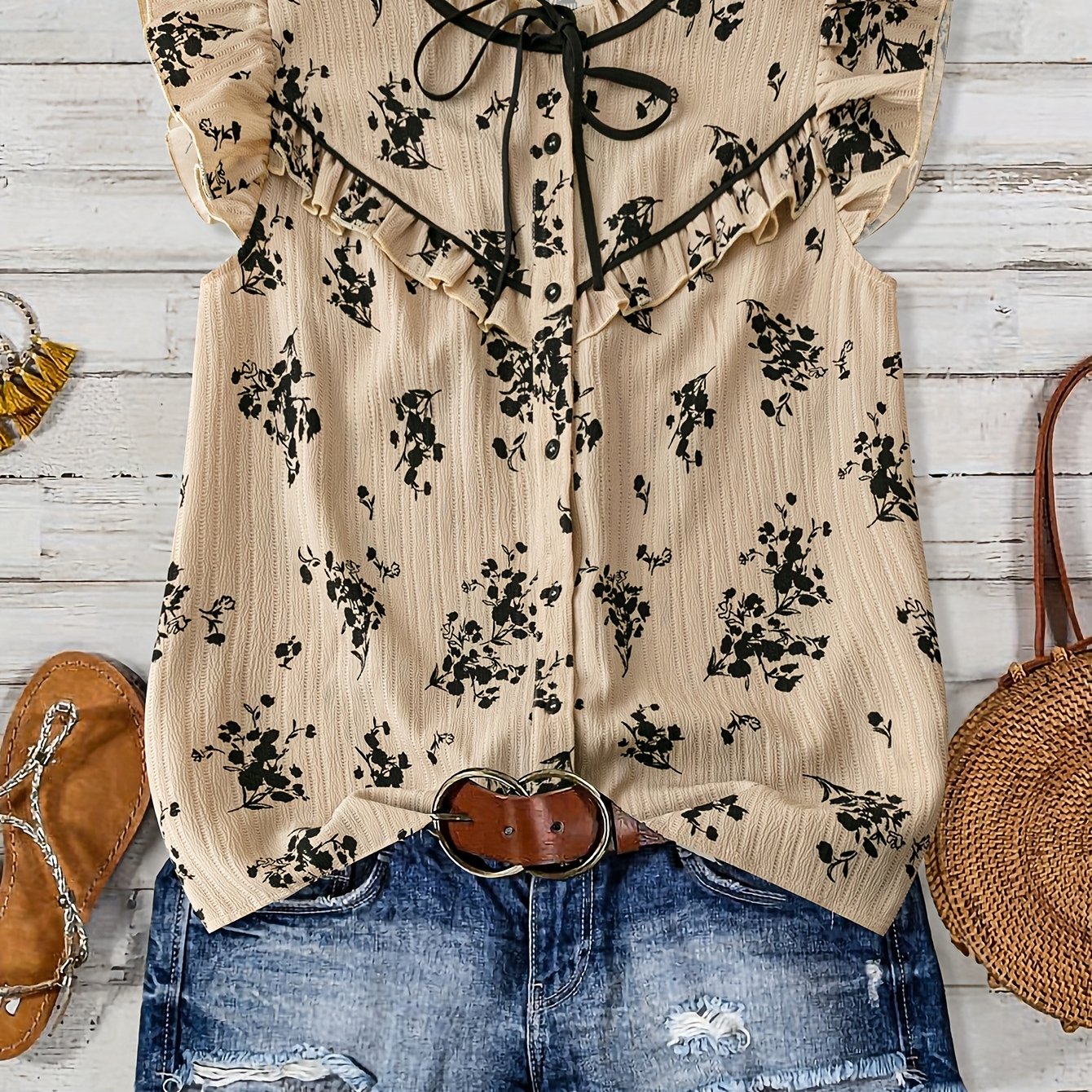 Image of Plus Size - Plus Size - Plus Size Women's Top Casual Elegant Round Neck Printed Ladies Plus Size Shirt Summer