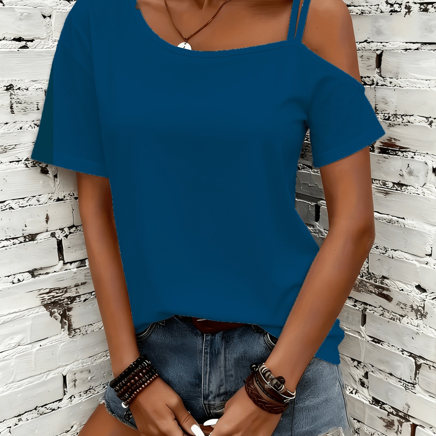 TEMU Navy Blue Solid Color Single-shoulder Short-sleeve T-shirt, Fashionable Top, Cross-body Single Shoulder Strap, Sexy Off-shoulder Style, Casual