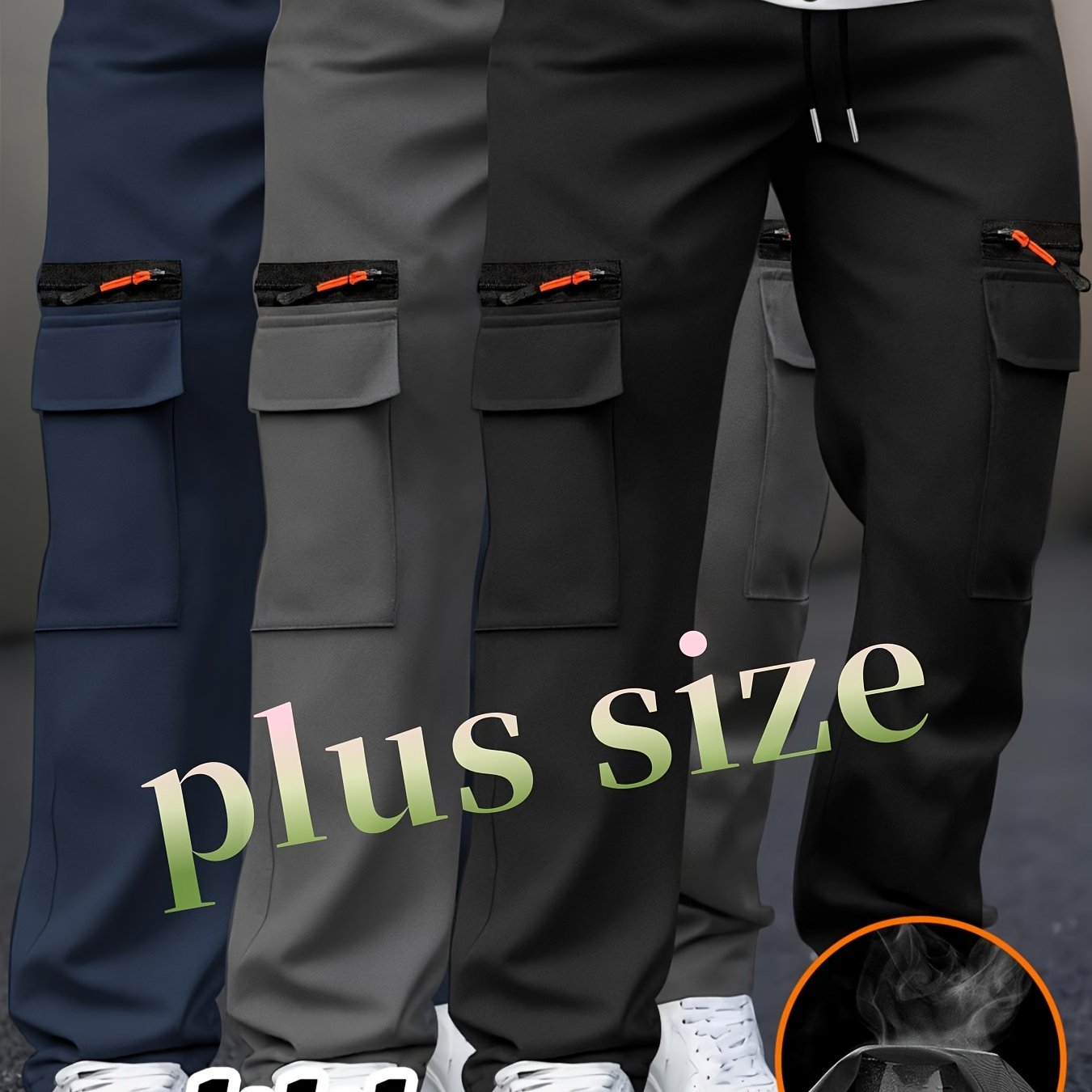 TEMU 3pcs Set - Men's Plus Size Casual Cargo Pants - Extra Wide Fit With Multiple Pockets | Loose Straight Leg With Drawstring Waist | Suitable For