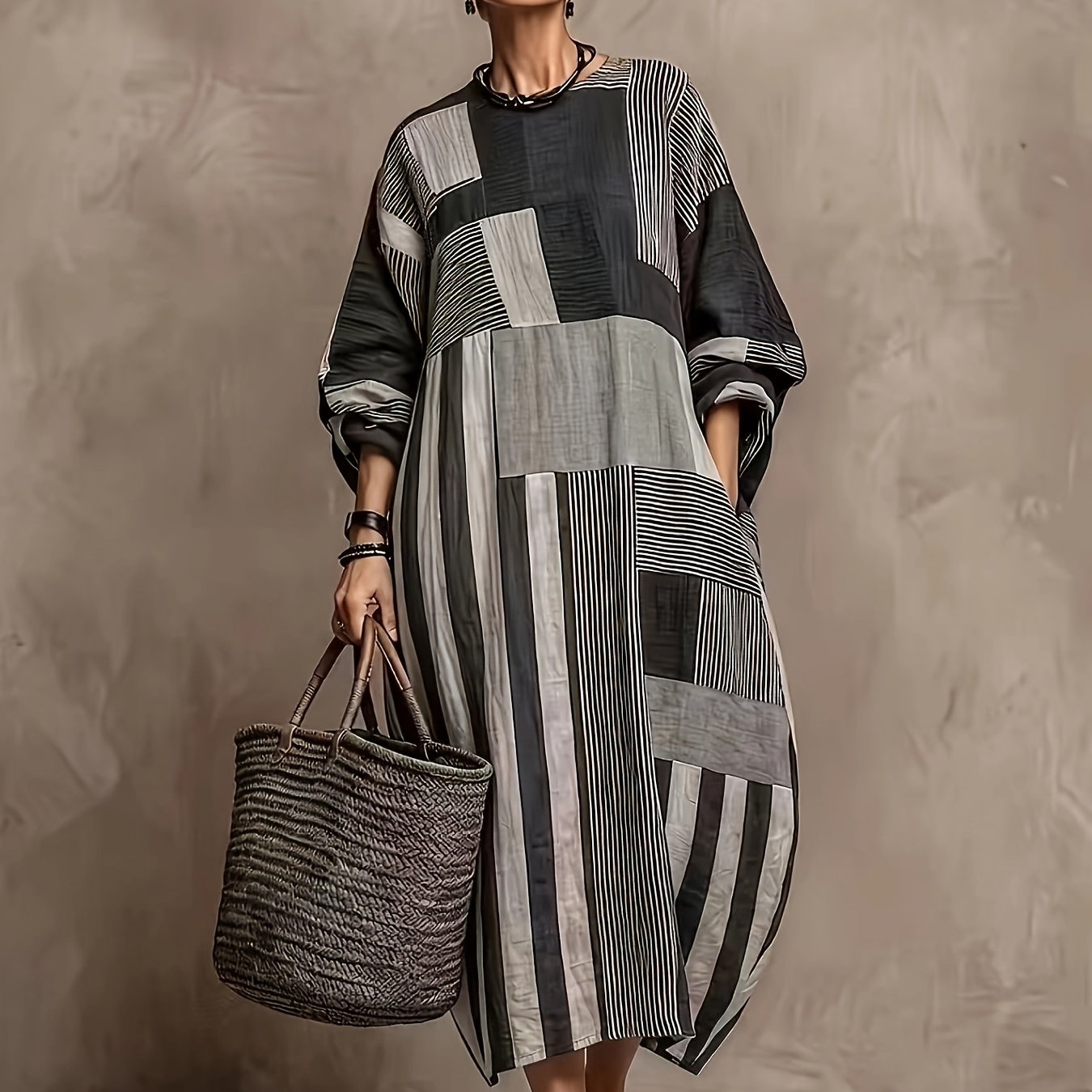 TEMU Plus Size - Nieuwe Plus Size Jurk, Boheemse Stijl en - Esthetische Fusie Casual Kleurenblok Patchwork Geometrisch Losse Ronde Hals Jurk