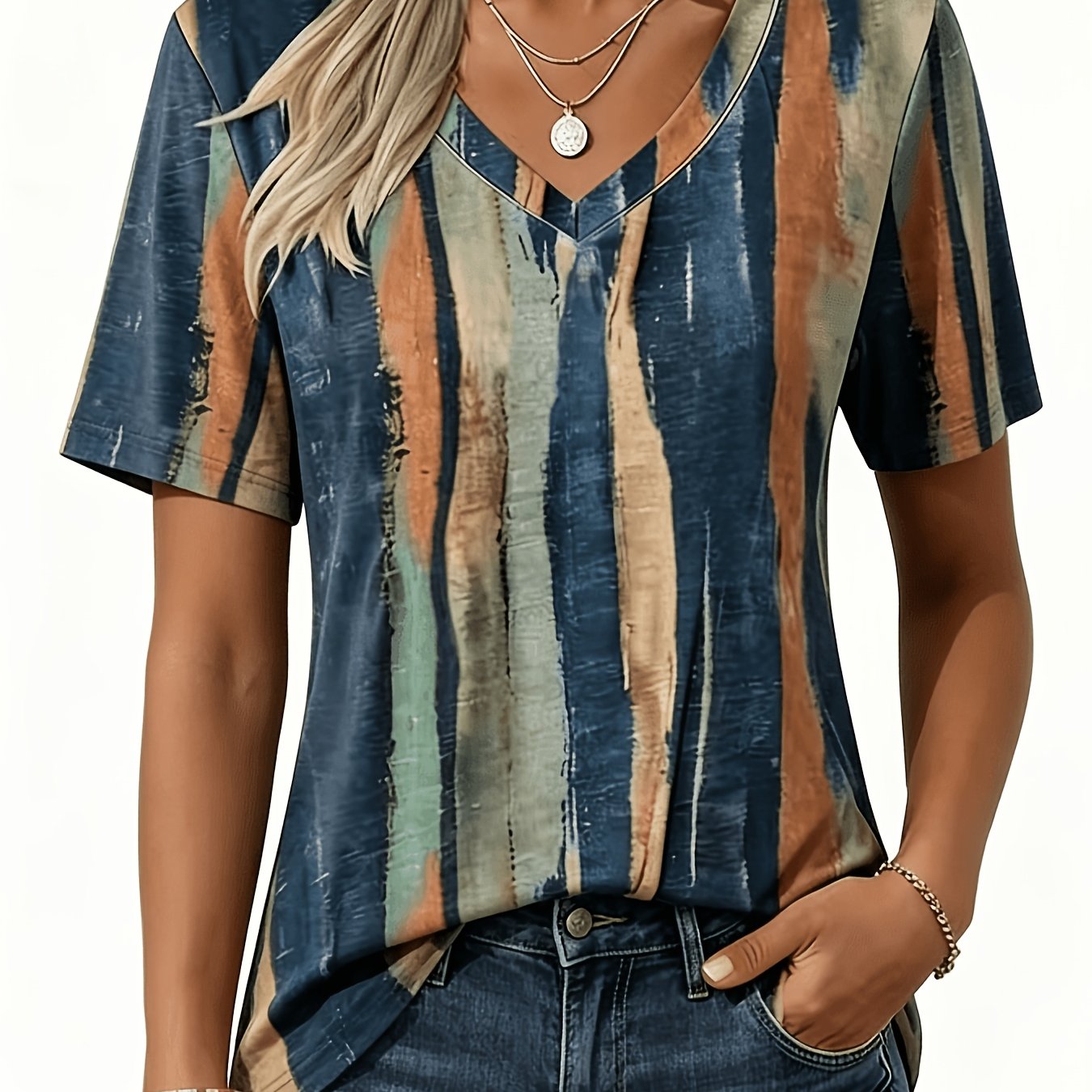 Image of New Women's Elegant V-neck Painted Print Short Sleeve T-shirt