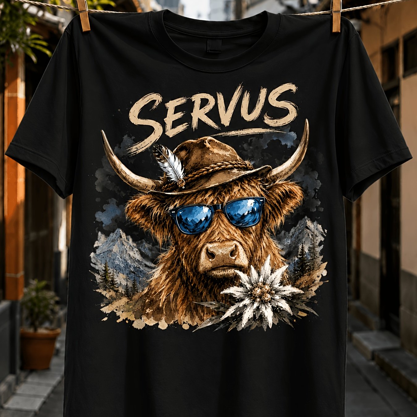 German Servus Highland Cow With Blue Alpine Mountains Fir Trees And Watercolor Unisex All T-shirt