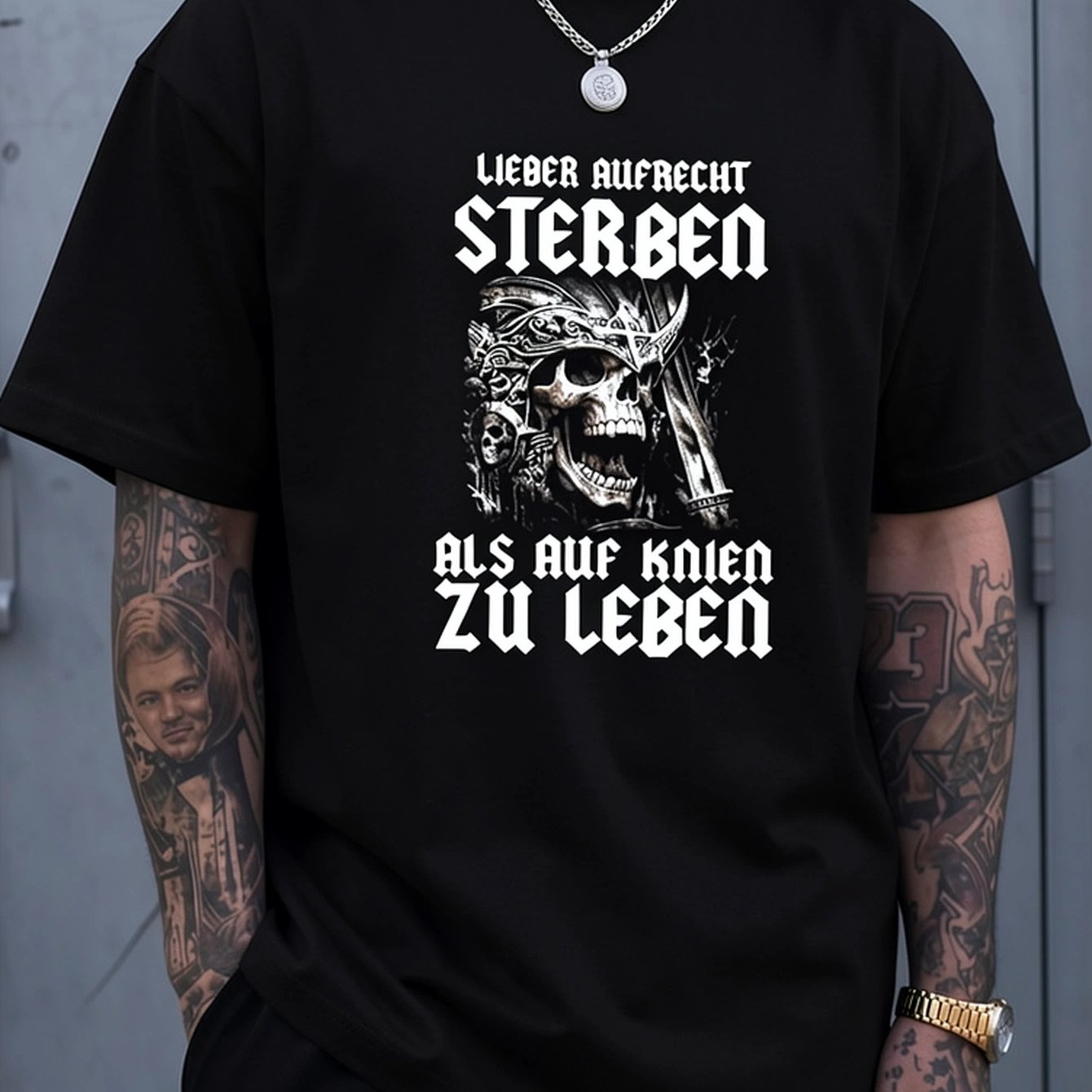 Image of Black T Shirt Sterben German Motto Skull Warrior Graphic Gothic Short Sleeve Crew Neck Comfortable Regular Fit Daily Wear Weekend Travel Outfit Gift For Dad Husband Or Boyfriend